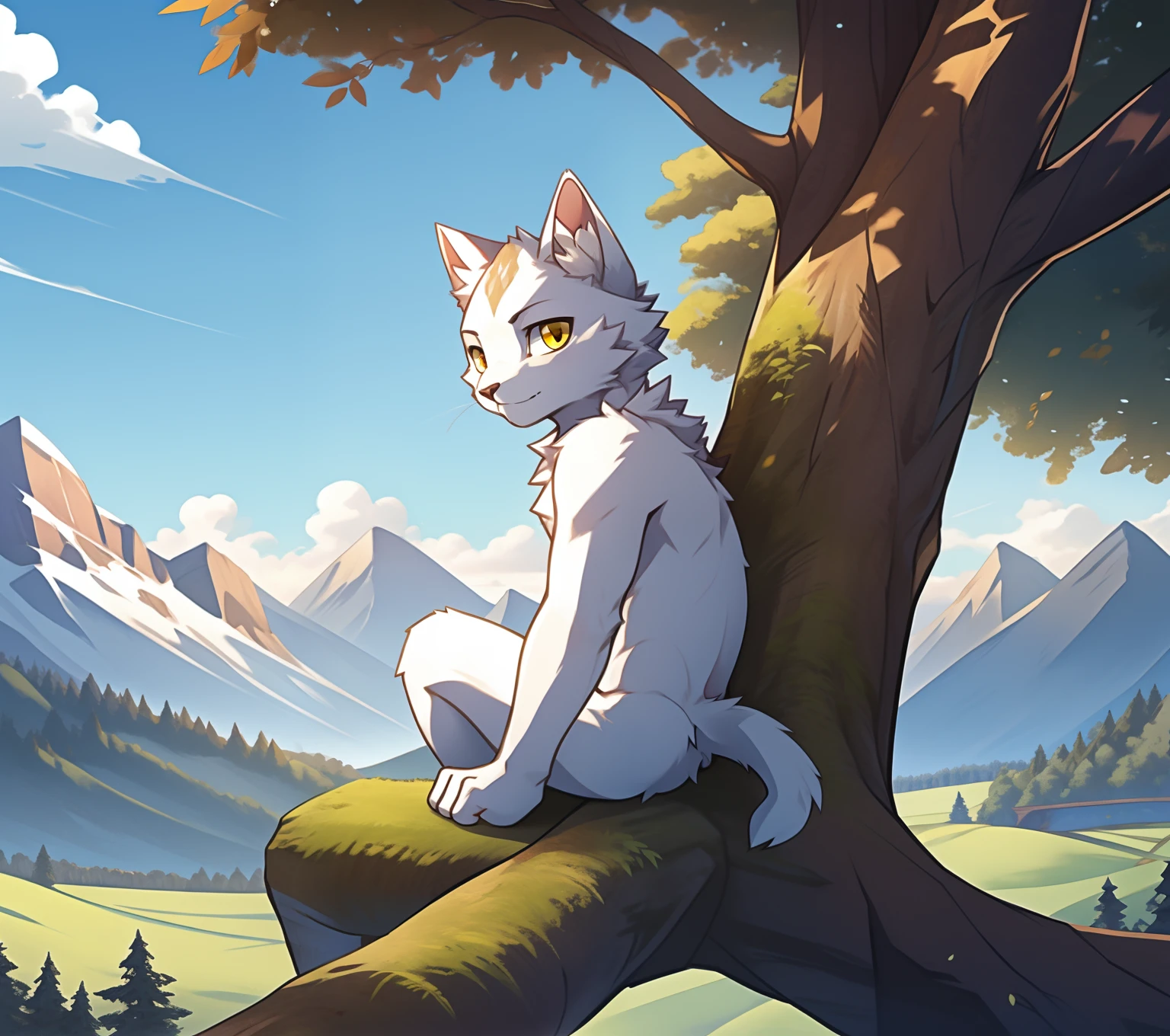 A white furry cat sits on the root of a tree on the side of the mountain，looking at the distance，The white！White kitten！Yellow eyes