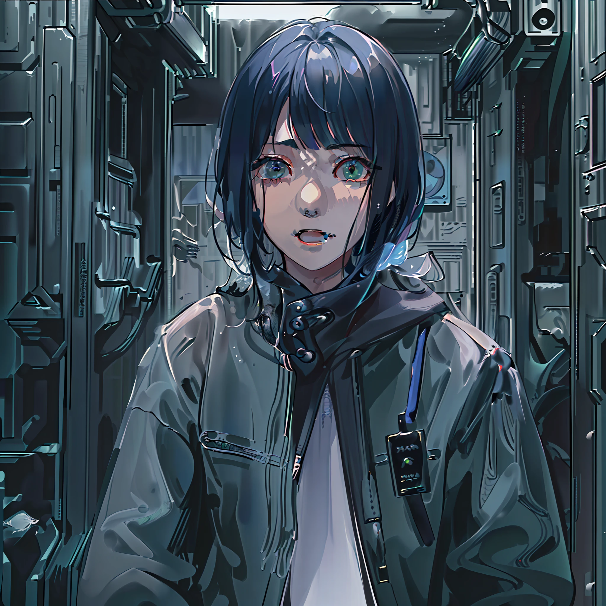 Girl in the world of The Matrix、(Green program letter flowing building)、Holding a handgun、(beautiful countenance、Hair fluttering from a cold、Superb Style、Cool Face 1:2)、rubbersuit