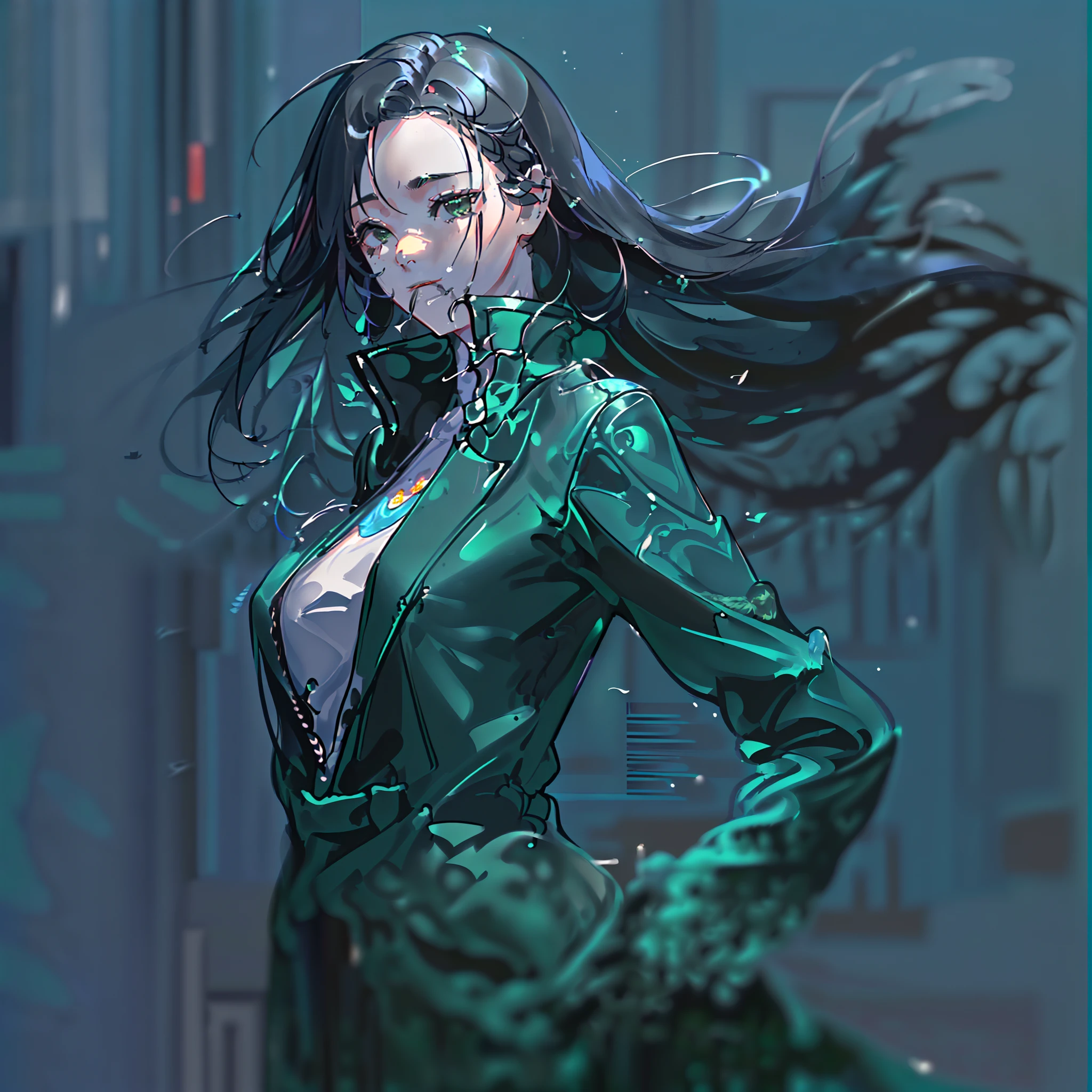 Girl in the world of The Matrix、(Green program letter flowing building)、Holding a handgun、(beautiful countenance、Hair fluttering from a cold、Superb Style、Cool Face 1:2)、rubbersuit