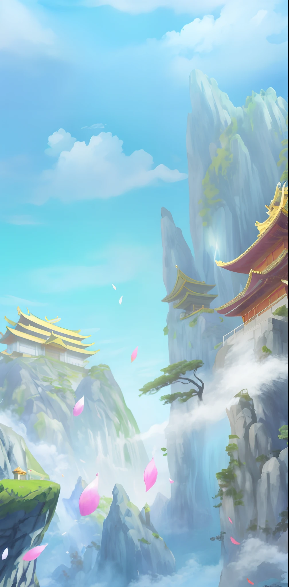 Anime scenery of mountains with pagodas and waterfalls, Onmyoji detailed art, Temple background, dojo on a mountain, background artwork, onmyoji, digital painting of a pagoda, Zen temple background, ross tran. scenery background, G Liulian art style, background depicting a temple, arte de fundo, library of ruina concept art