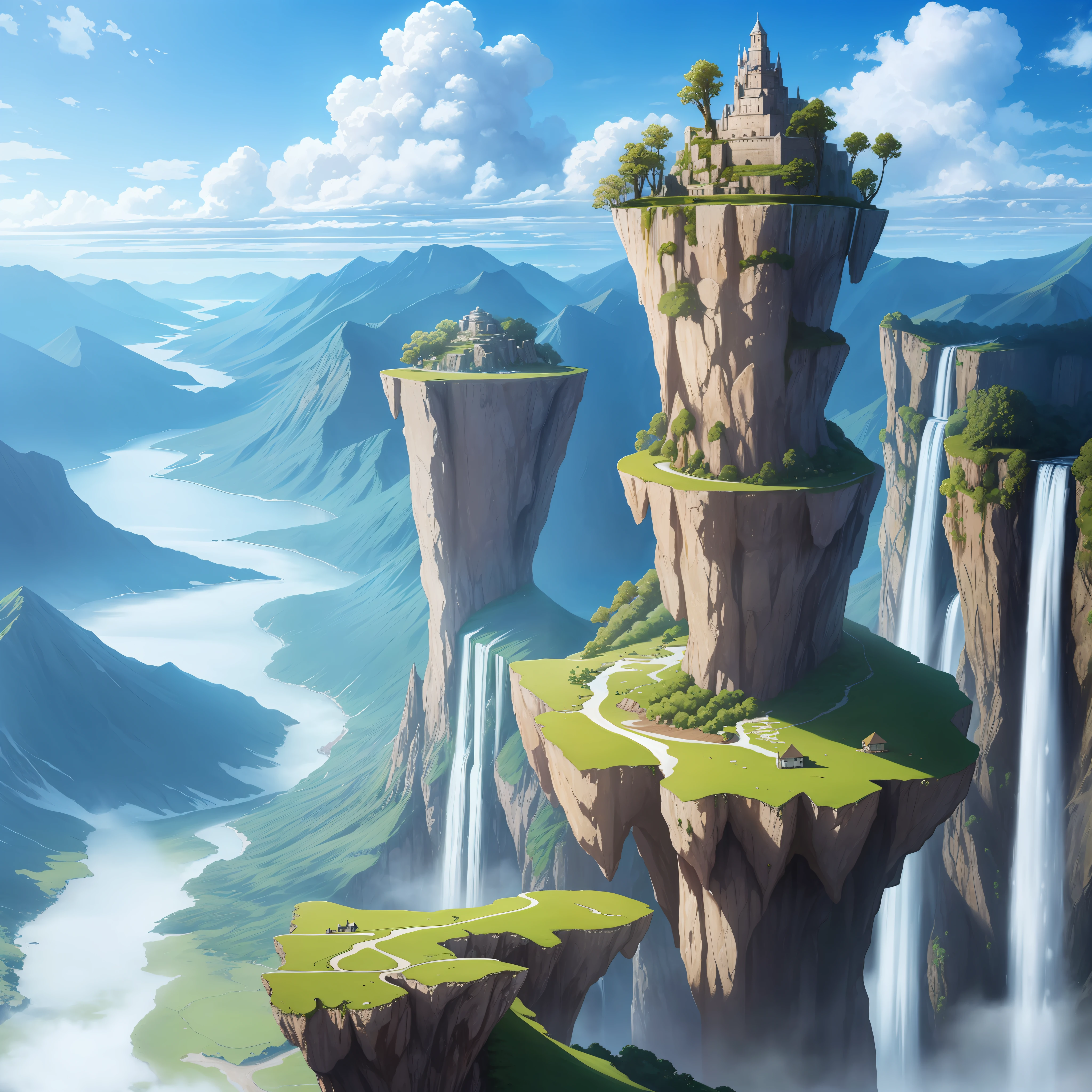 wow2wow,scenery, floating island, no humans, waterfall, cloud, sky, outdoors, day, landscape, fantasy, tree, mountain, nature, water, aircraft, cliff,
masterpiece, best quality, most detailed, best aesthetics, highest contrast, highest resolution, best details, 8K wallpapers,