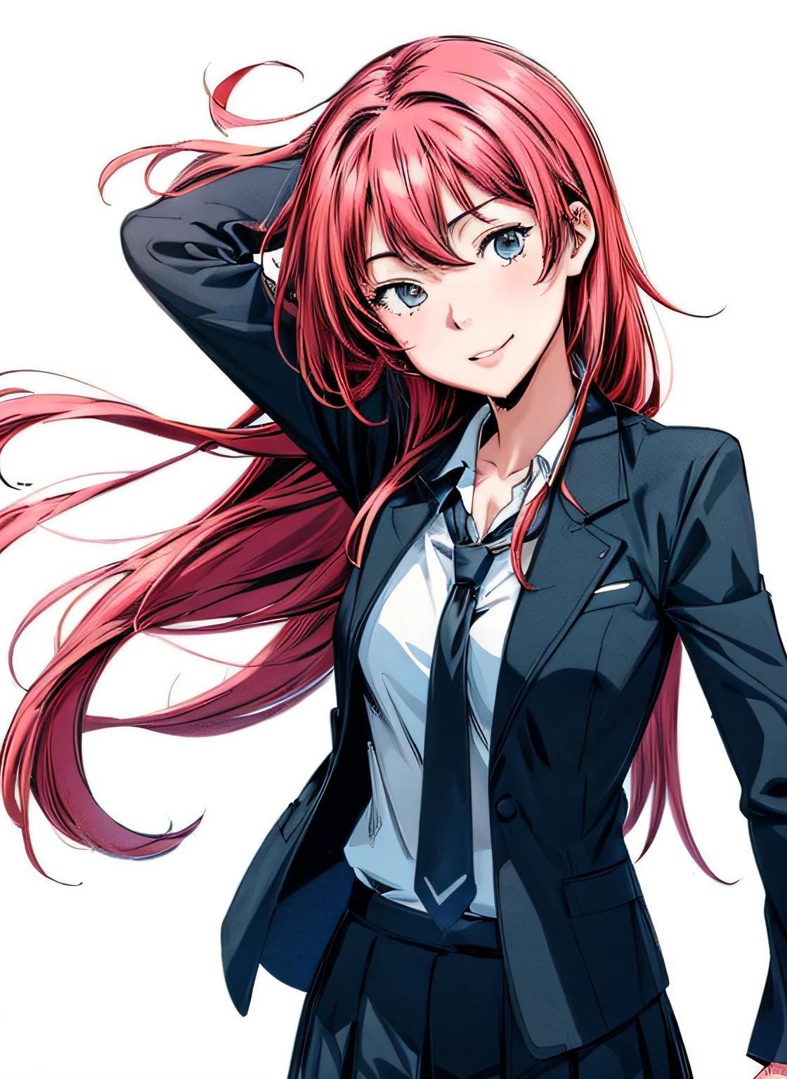 actionpose、Overflowing、cheerfully、(Manga style)、(linear art_Anime)、、(black-and-white_strong contrasts)、小柄,Solo_girl, masterpiece, top-quality, beautifully drawn, ighly detailed, Aesthetic painting, (Lora Add Details:1.0),hi-school girl、Straight hair、jaket、Business suits、neck tie、(Background of the building district:1.0)