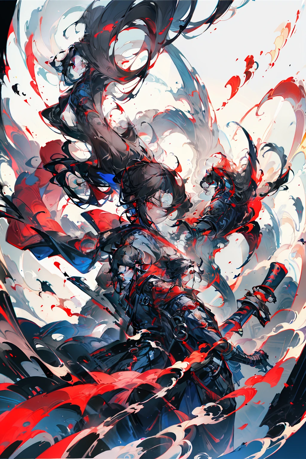 with long black hair,Red-eyed teenage boy,Stand on an empty street at night,extreme hight detail,Blue jacket,Black Hakama,Holding a giant blood-colored scythe in one hand