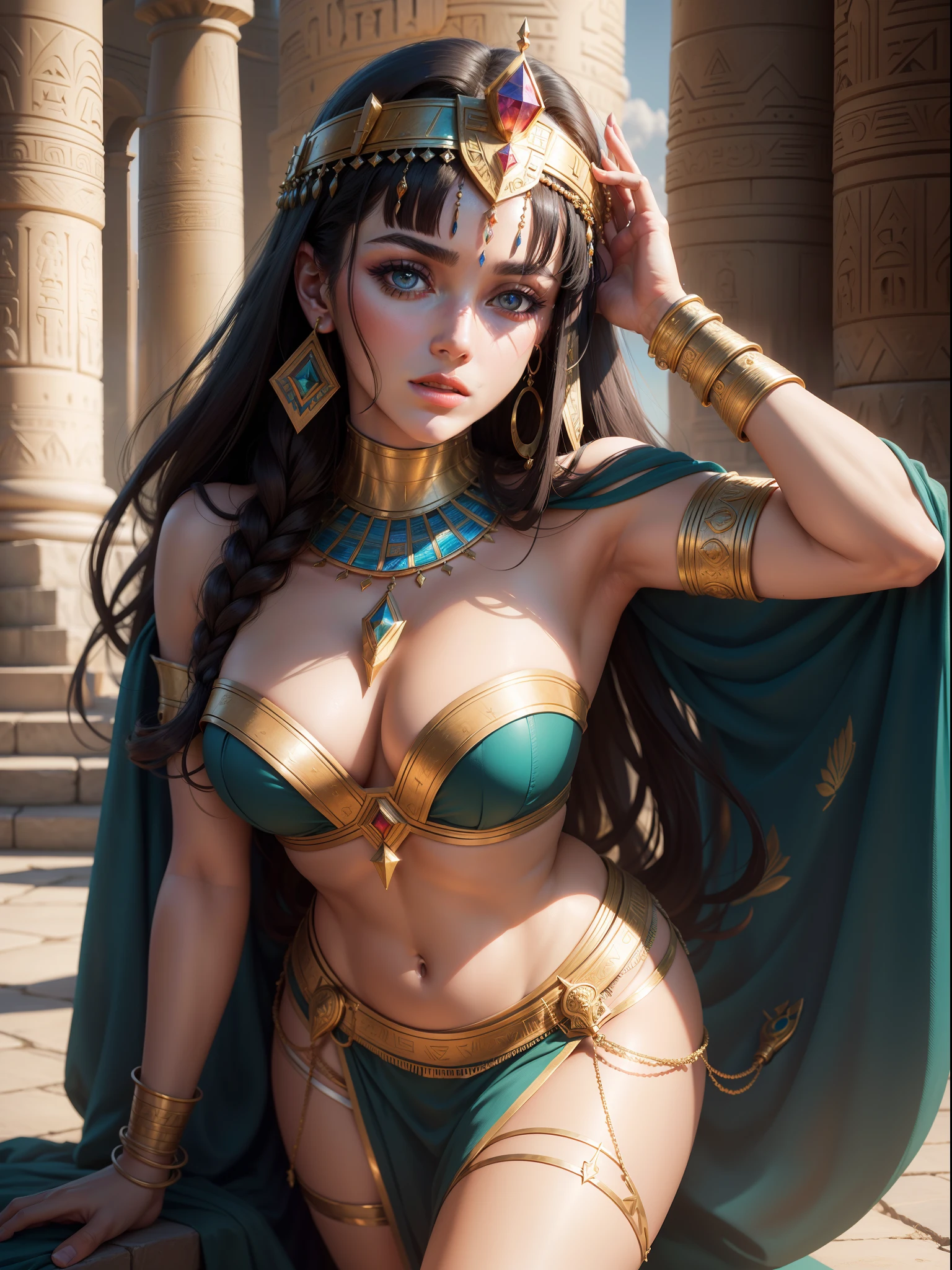 Draw colorful and painterly art inspired by the movie Cleopatra (1963). You should depict the majestic and mysterious atmosphere of Ancient Egypt. Try to convey the wealth and luxury of the time period. The main character, Cleopatra (with the face of actress Elizabeth Taylor at 20 years old), should be depicted with bright and elegant clothes that emphasize her status as a queen. The background can be an image of the pyramids, Egyptian temples and ancient cities. Other characters such as Julius Caesar and Mark Antony may also be present to emphasize the importance of their role in the plot. Don't forget to add details and textures to create realism and depth. Art, 4K resolution , photorealistic rendering, using Cinema 4D.extremely detailed, amazing, fine detail, rich colors, hyper realistic