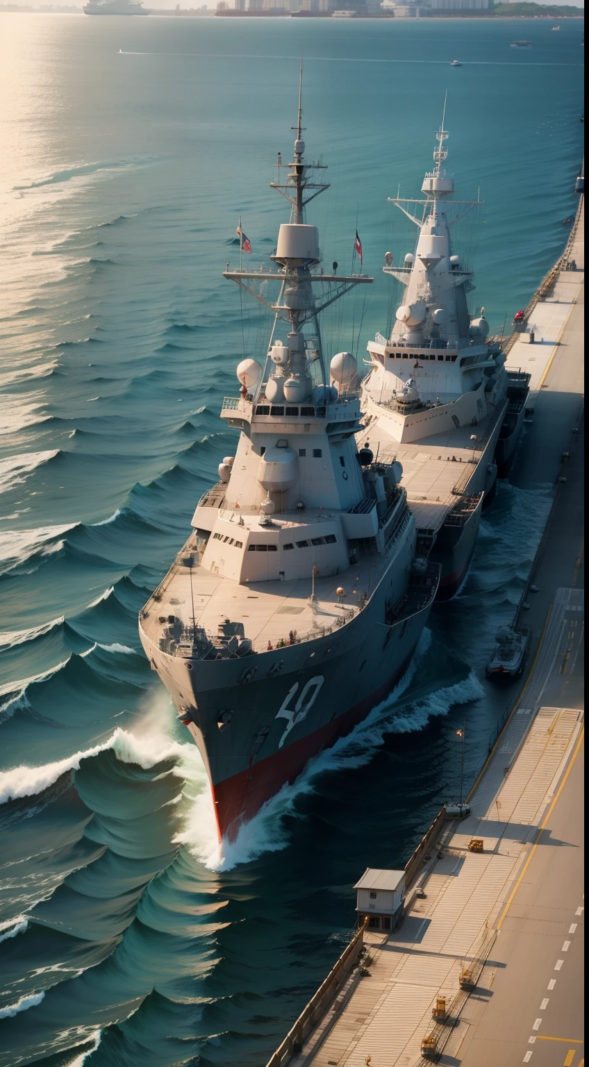 Warships are anchored at the wharf