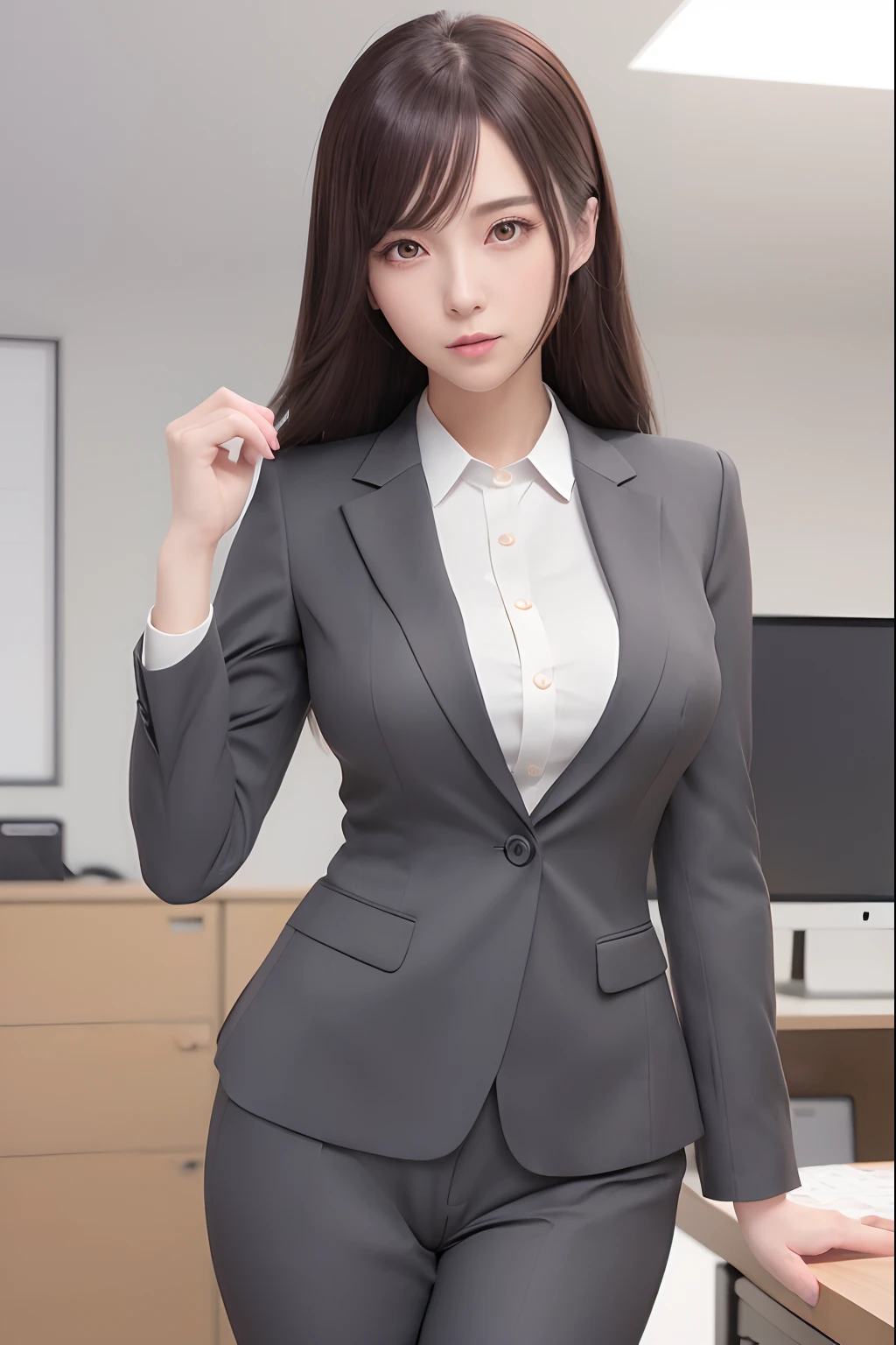 Anime - style image of woman in business suit standing in office, Office Clothes, Smooth Anime CG Art, Back Pose, Wearing a strict business suit, digital anime art, digital anime illustration, Work clothes, high detailed official artwork, Detailed Digital Anime Art, Official art, cushart krenz key art feminine, visual novel cg, makoto shinka