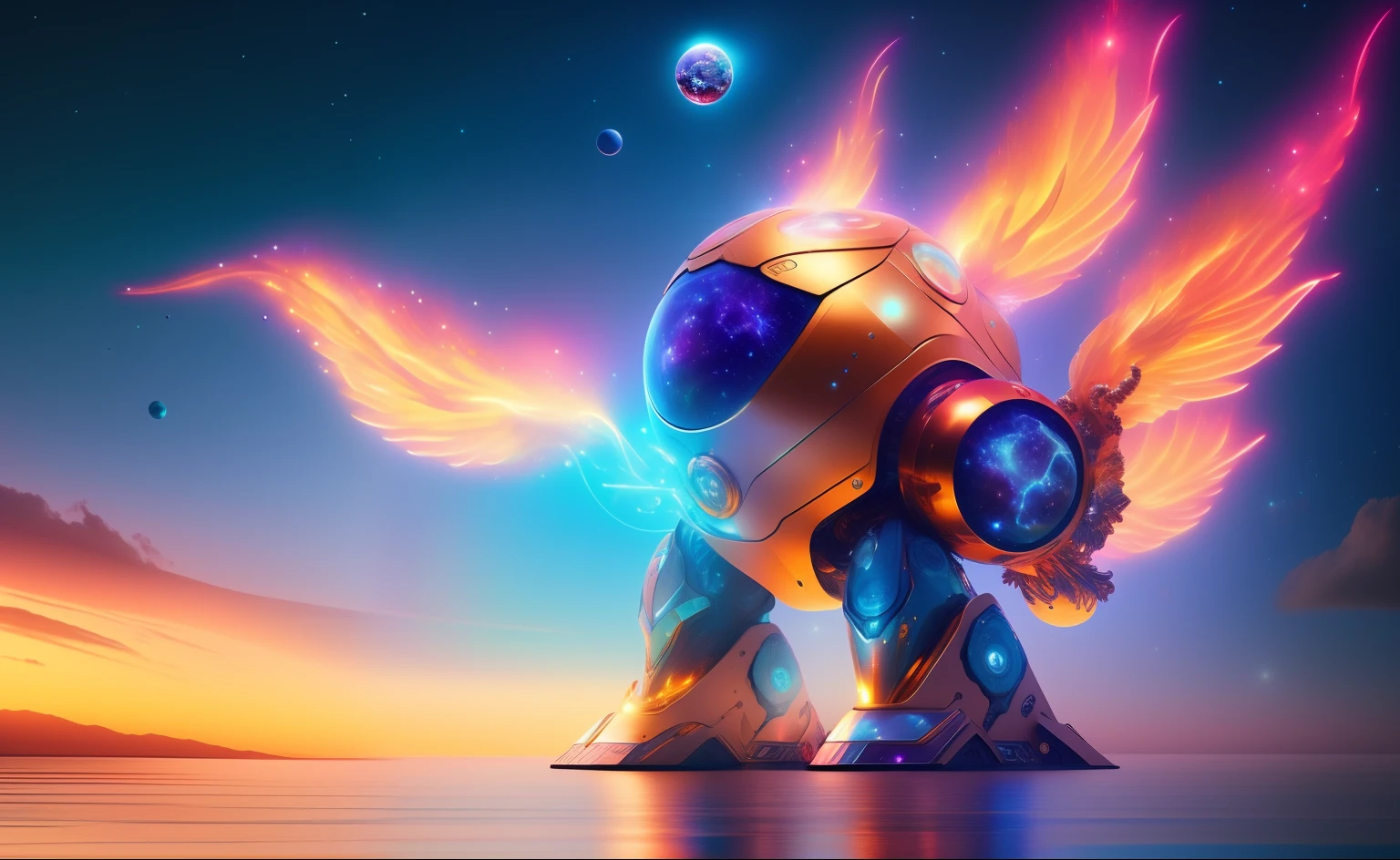 Round a giant biollante-inspired glow and cute space mascot
Fantasy-style robot with colorful phoenix-shaped metal - giant space robot inspired by Biollante stretches towards the stars, Tendrils twist and rotate in all directions, Cosmic petals glow with falling brilliant light