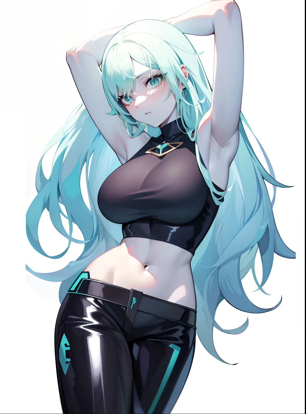a drawing,Draw a woman with long green hair and black pants, sona is a slender, female anime character, seductive anime girls, perfect android girl, anime figure, Anime girl with teal hair, Anime girl with long hair, attractive anime girls, anime woman, Anime character art, beautiful and seductive anime woman, saints ( valorant ), anime visual of a cute girl
