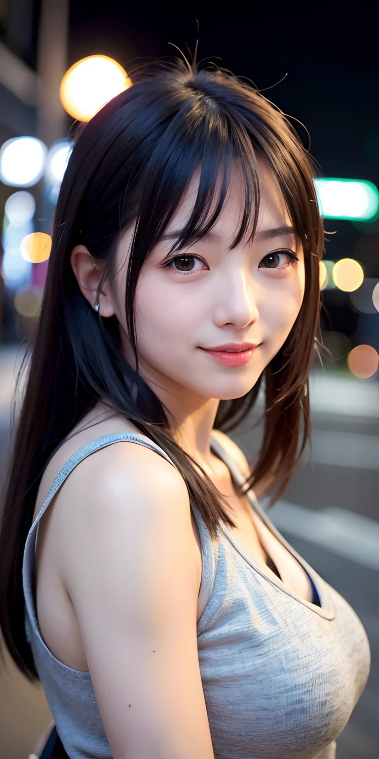 1girl, Tokyo street,night, cityscape,city lights,upper body,close-up,smile,, (8k, RAW photo, best quality, masterpiece:1.2),(realistic, photo-realistic:1.37),