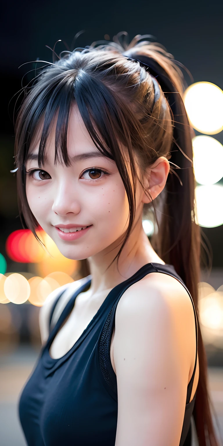 1girl, Tokyo street,night, cityscape,city lights,upper body,close-up,smile,, (8k, RAW photo, best quality, masterpiece:1.2),(realistic, photo-realistic:1.37),