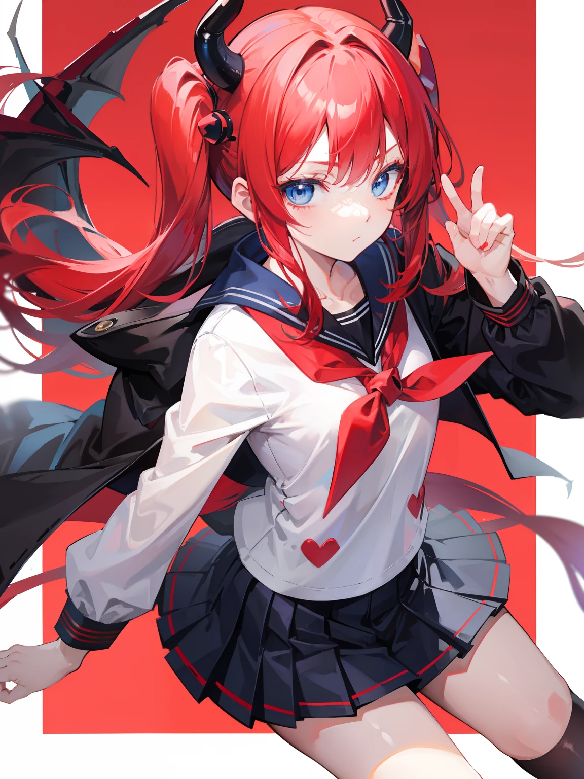 red hair, blue eyes, twintails, Sailor suit,black coat, Dragon horns,Pleated skirt,solo,loli,cute,bow