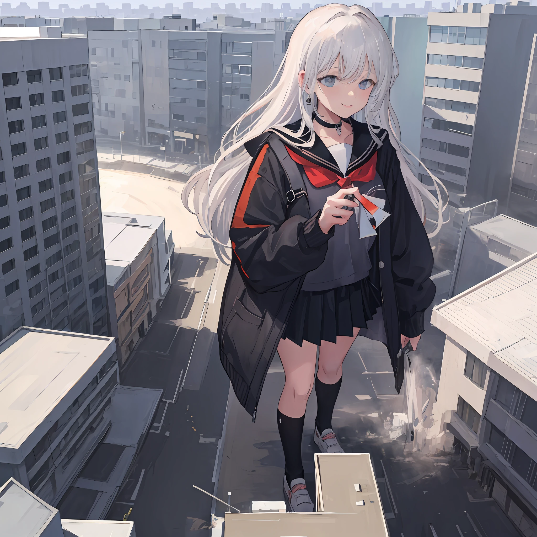 1girll, City, Bigger than the building, White jacket, Animal hood, White socks, Open jacket, Pleated skirt, Black skirt, Black sailor collar, Black choker, school uniform, Black shirt, puffy long sleeves, standing, Smile, Naughty, Anatomically correct, Textured skin, GTSCity