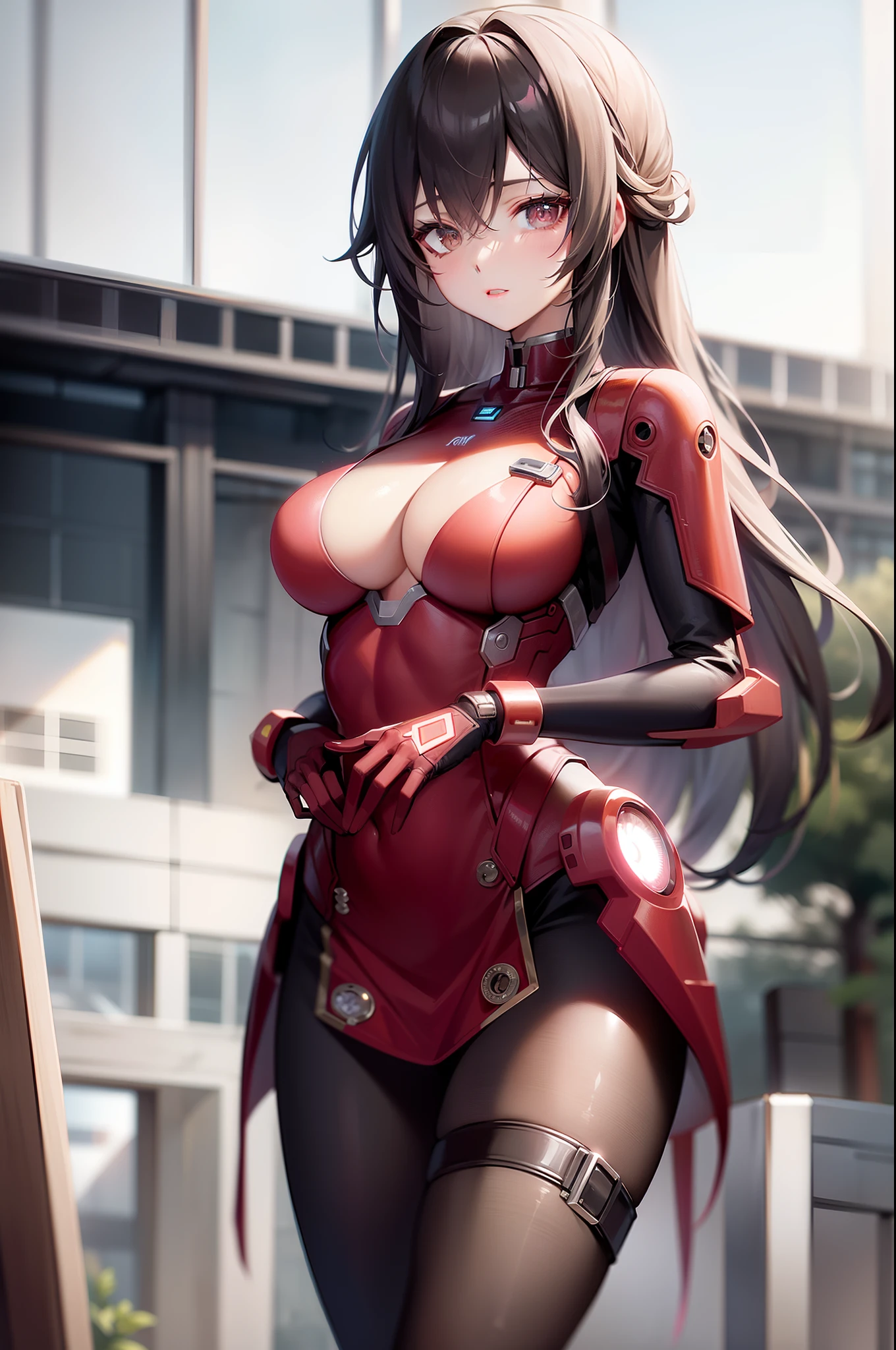 8K,realisticlying,Glamorous,The is very detailed,A 20-year-old girl, a sexy and charming woman, inspired by Iron Man,Wearing a shiny Iron Man mech。She dresses to show sexiness and confidence,It perfectly interprets the power and charm of Iron Man。Abandoned warehouse as background,It creates a unique atmosphere,Highlight her bravery and perseverance。The cloudy sky adds a touch of tension and mystery to the entire scene。This one is high definition、High-quality images will give you a stunning visual experience,Detailed abandoned warehouses and shiny mechs will keep your eyes peeled。oc rendered,dramatic lights,Award-winning quality,Has an extremely elegant body、Huge and deep chest,Cover your breasts