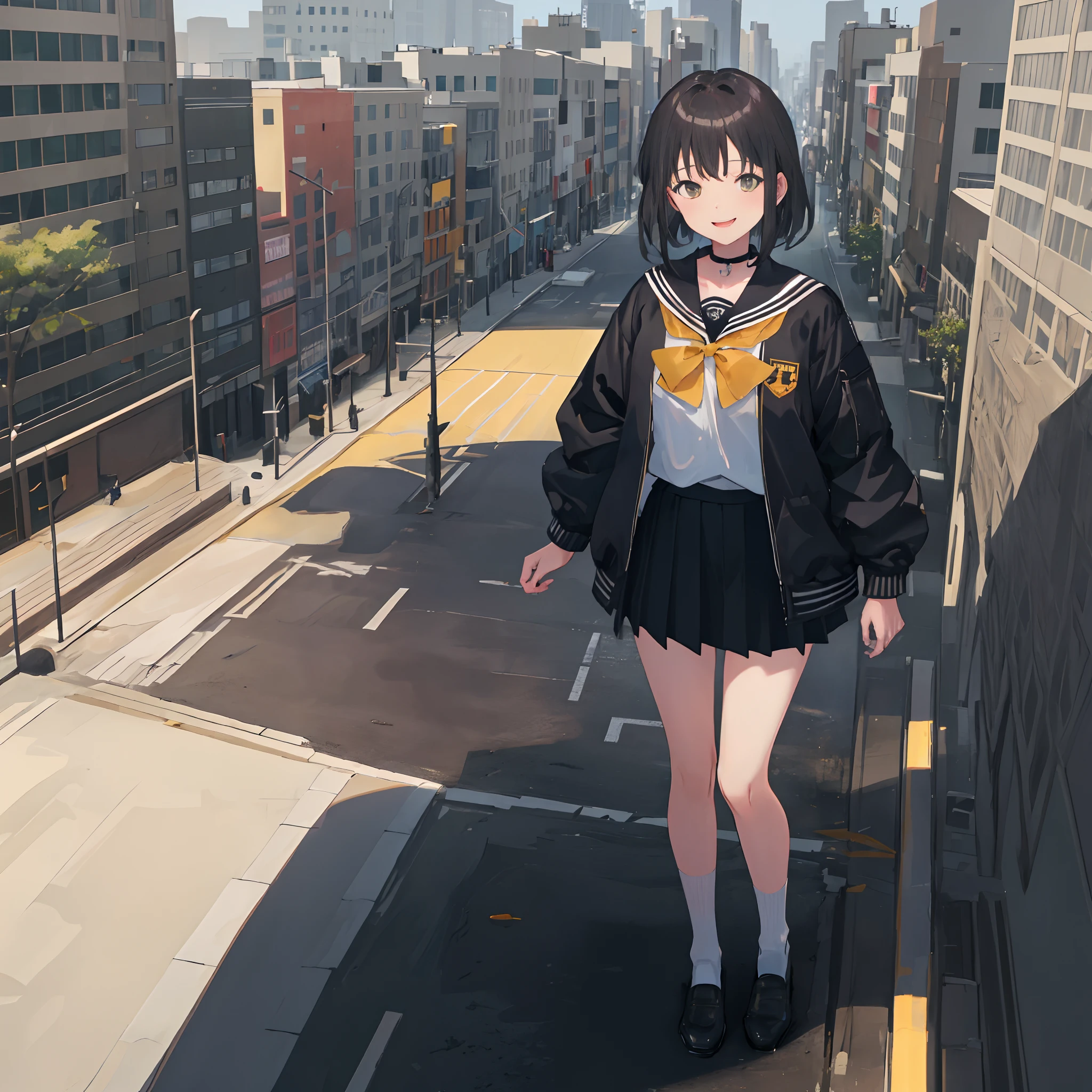 1girll, City, Bigger than the building, White jacket, Animal hood, White socks, Open jacket, Pleated skirt, Black skirt, Black sailor collar, Black choker, school uniform, Black shirt, puffy long sleeves, standing, Smile, Naughty, Anatomically correct, Textured skin, GTSCity