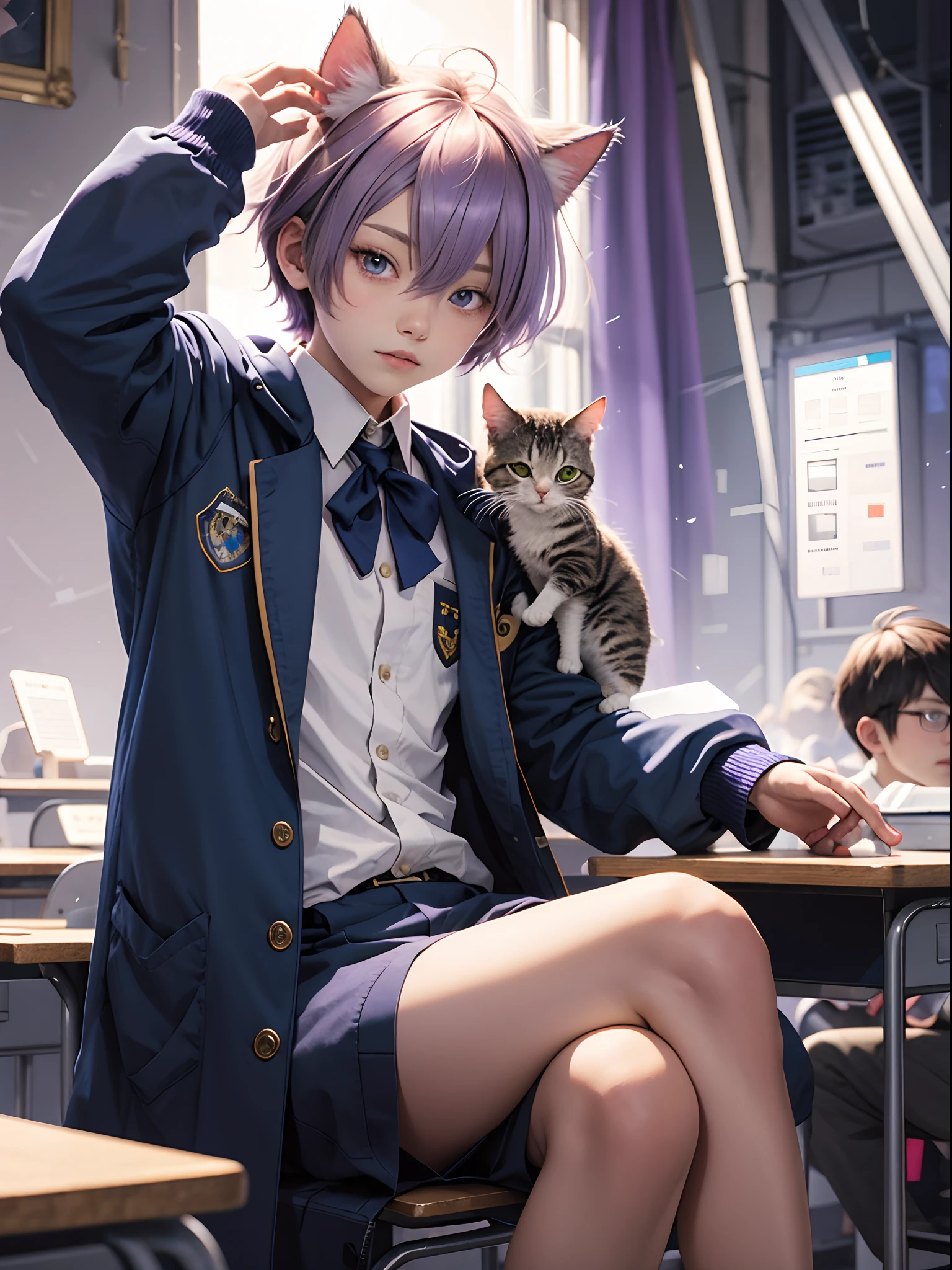 Lilac hair,schoolboy,short detailed hair,Shota,Student uniform,dark blue coat,quadratic element,Blue heterodera,cat ear,delicated,crosses,solo person,Purple heteropupil