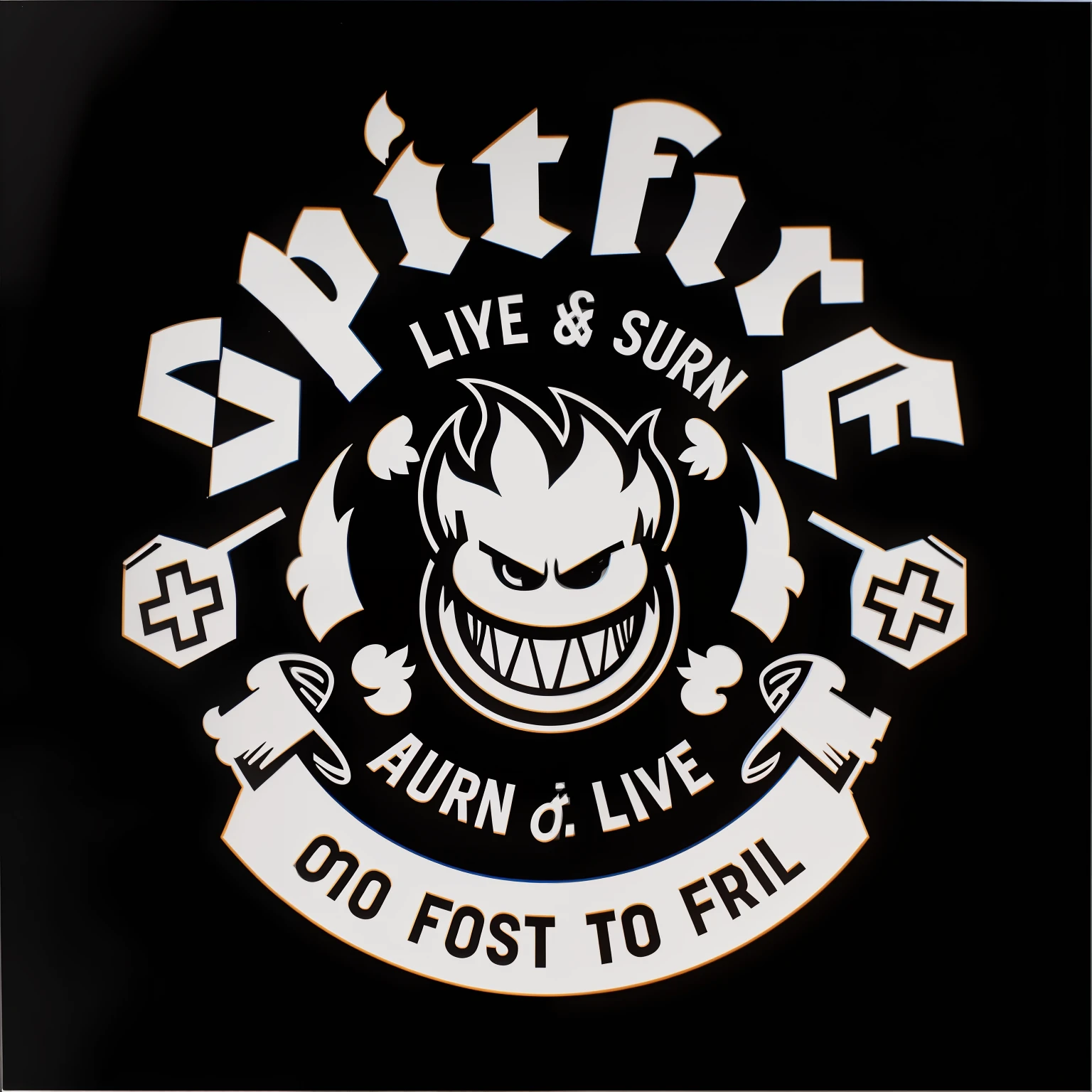 Close-up of a black shirt with white and blue logo,Spitfire,Spell Fire,official art works,smoke and fire,some smoke and fire,Profile picture,Small fire,sparkler,Album art,on fire,catching fire,Profile image,personal profile picture,album covers,Skyfire,screen cap,split in half,this is fine,screen shot。