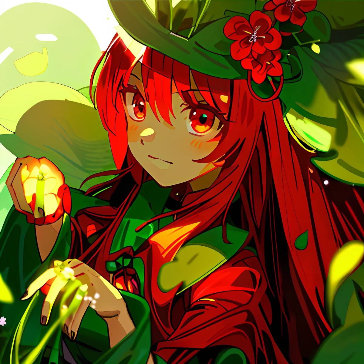 （tmasterpiece，top-quality），A girl with long red hair sits in a field of green plants and flowers，Place your hands under your chin，warmly lit，Red dress，Blurred foreground，Lori huge breasts cleavage，Wear lightly