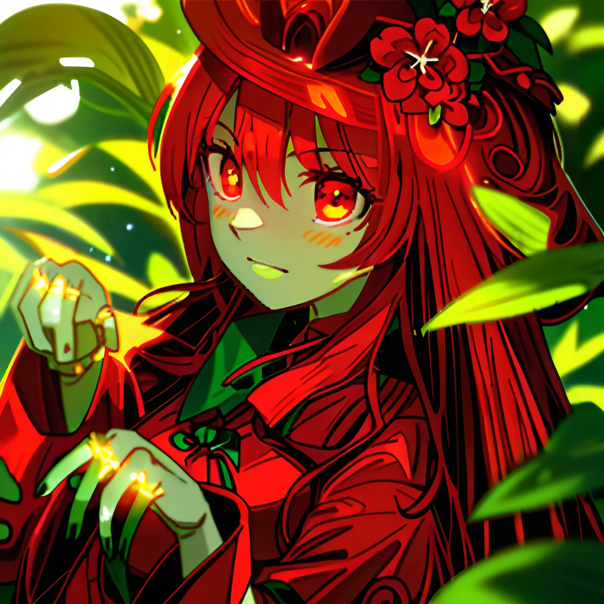 （tmasterpiece，top-quality），A girl with long red hair sits in a field of green plants and flowers，Place your hands under your chin，warmly lit，Red dress，Blurred foreground，Lori huge breasts cleavage，Wear lightly