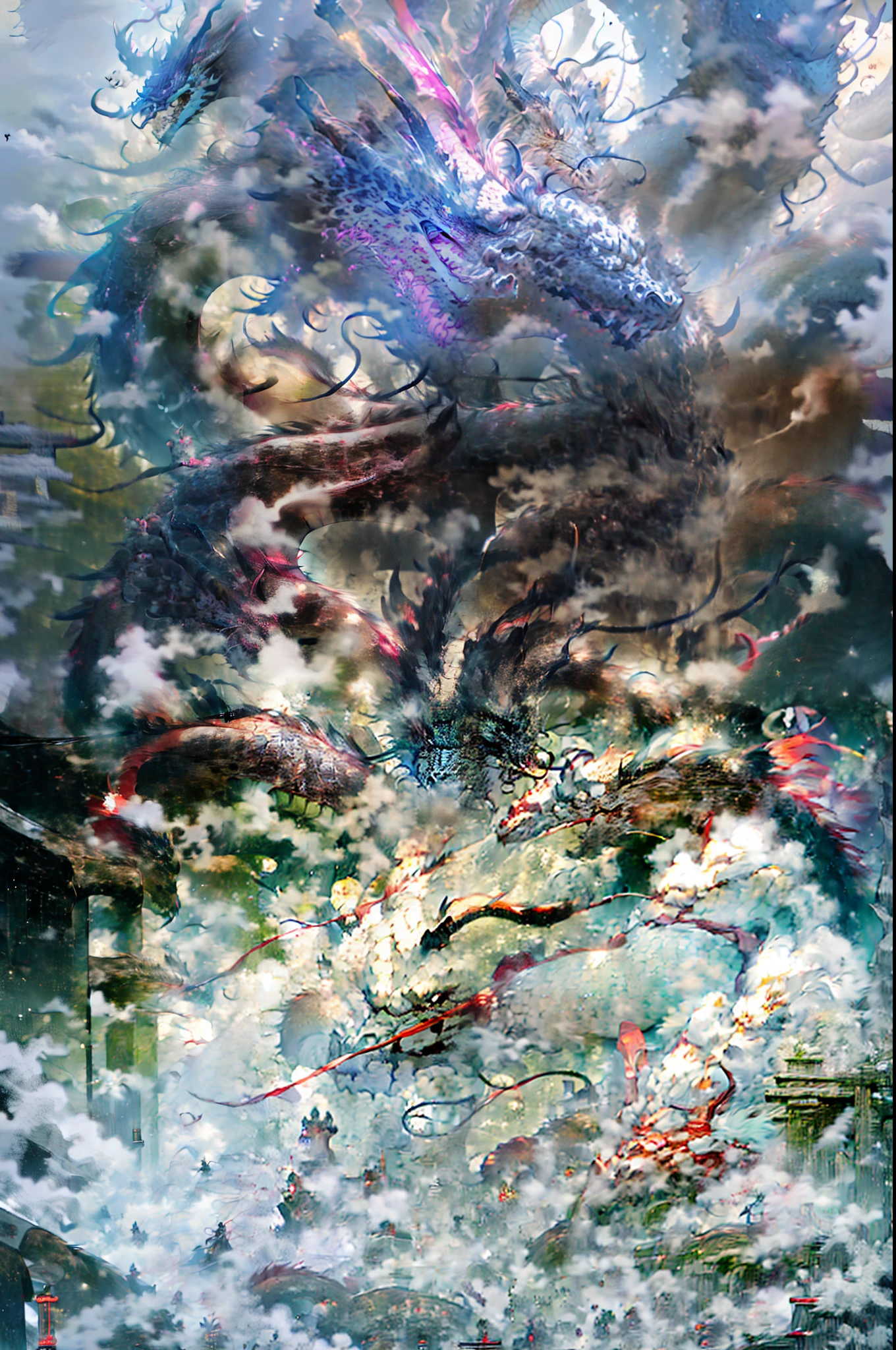 Black undertone，Close-up of a partially red-haired Chinese dragon，Fly above the sky，It is surrounded by clouds and fog，Temple