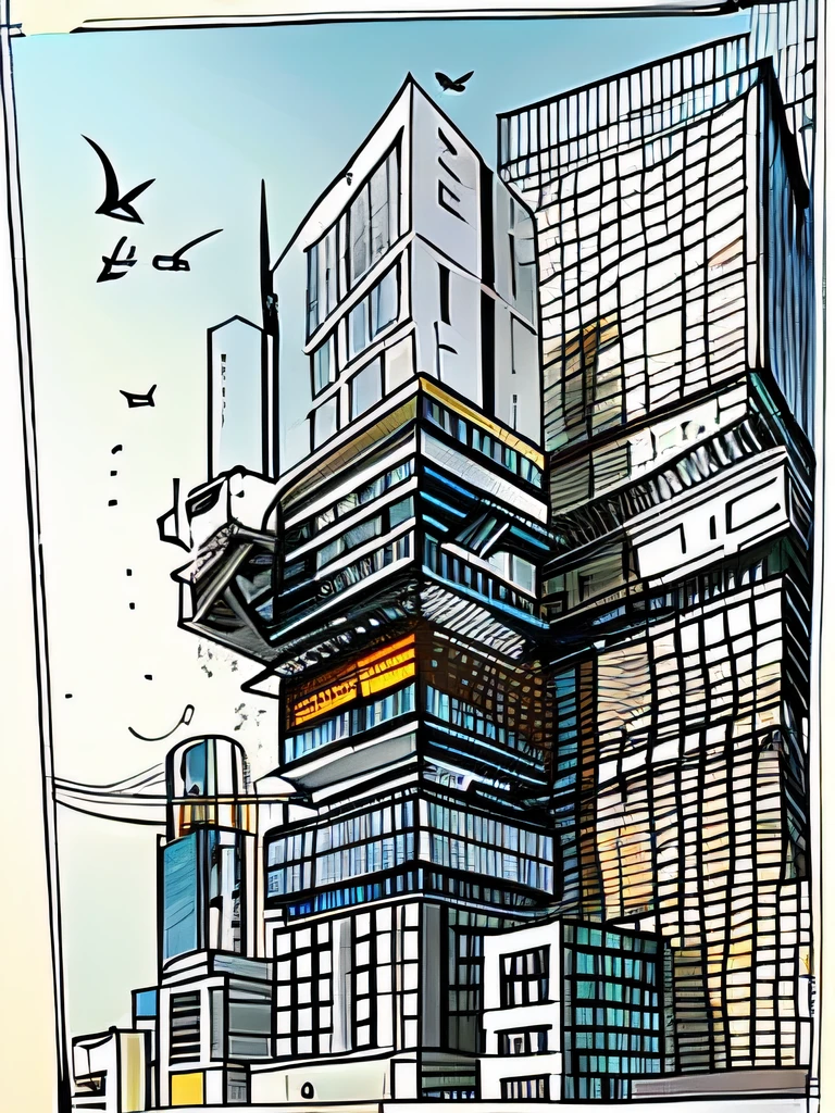 Illustration of a city with tall buildings and birds flying around, mirrors edge art style, sharp foccus ilustration hq, Highly detailed illustration, Architectural illustration, sharp focus ilustration hq, in style of digital illustration, highly detailed vector art, detailed digital illustration, Commercial illustration, brutalist illustration, inspired by Tim Doyle, highlydetailedillustrations