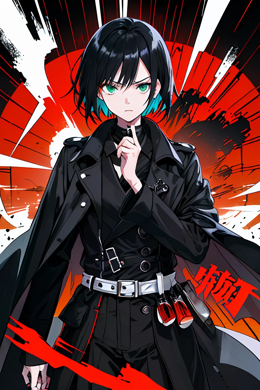 ((((Dramatic))), (((grittiness))), (((Intense))) The movie poster features a young woman as the central character。She stands confidently in the center of the poster，Wear a black trench coat，with a determined expression on her face。The background is dark and gritty，There is a sense of danger and a strong feeling。The color palette is dominated by dark colors，Dotted with bright colors，Make the poster dynamic and visually striking，tachi-e (Magazines:1.3), (Cover-style:1.3), Fashionab, woman, vibrant, Outfit, posing on a, Front,rich colourful，dyna，Background with，element in，self-assured，Expressing the，Attachment，A majestic，coil，Runt，boldness，attention-grabbing，titles，Fashionab，more big，Smart、moderno、Trendy、focus-on、Fashionab、Has short black hair，a green eyes，It's a professional killer，Role introduction table！！
