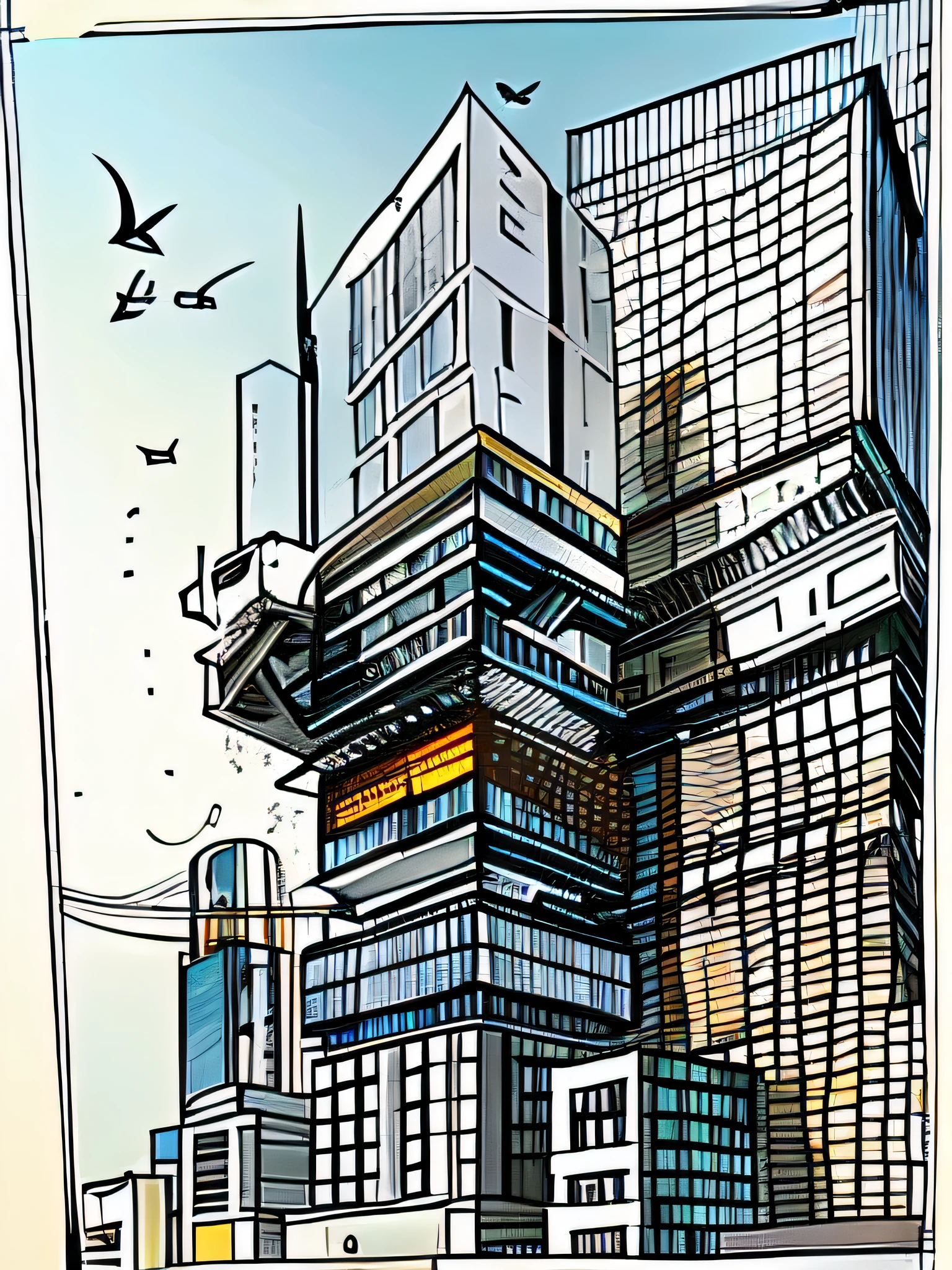 Illustration of a city with tall buildings and birds flying around, mirrors edge art style, sharp foccus ilustration hq, Highly detailed illustration, Architectural illustration, sharp focus ilustration hq, in style of digital illustration, highly detailed vector art, detailed digital illustration, Commercial illustration, brutalist illustration, inspired by Tim Doyle, highlydetailedillustrations
