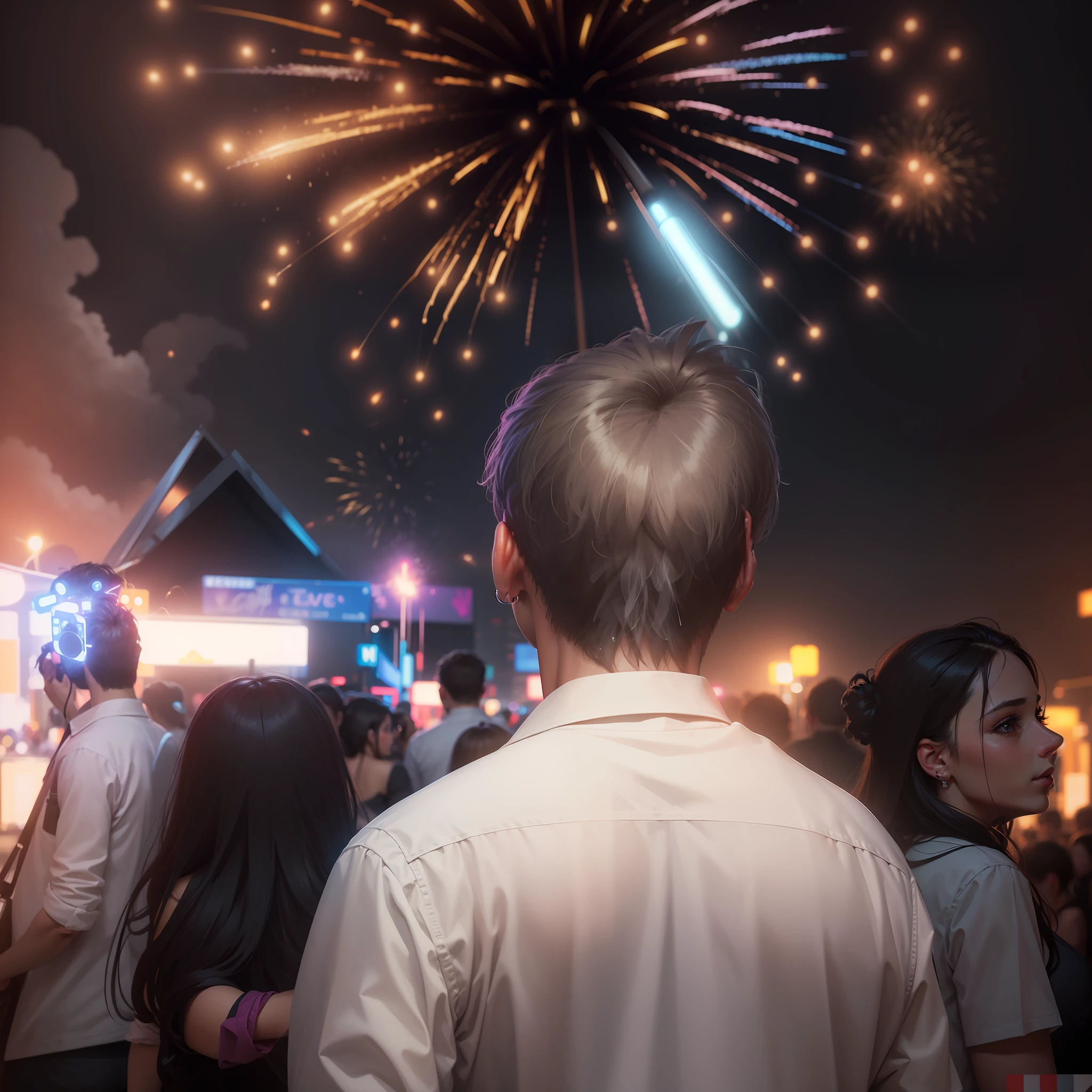 Portrait image high quality looks realistic, different neon lights with fireworks, foreground looks realistic like background, color shirt dark white,make image high quality, background also blur like dslr not anything erase just eddit this