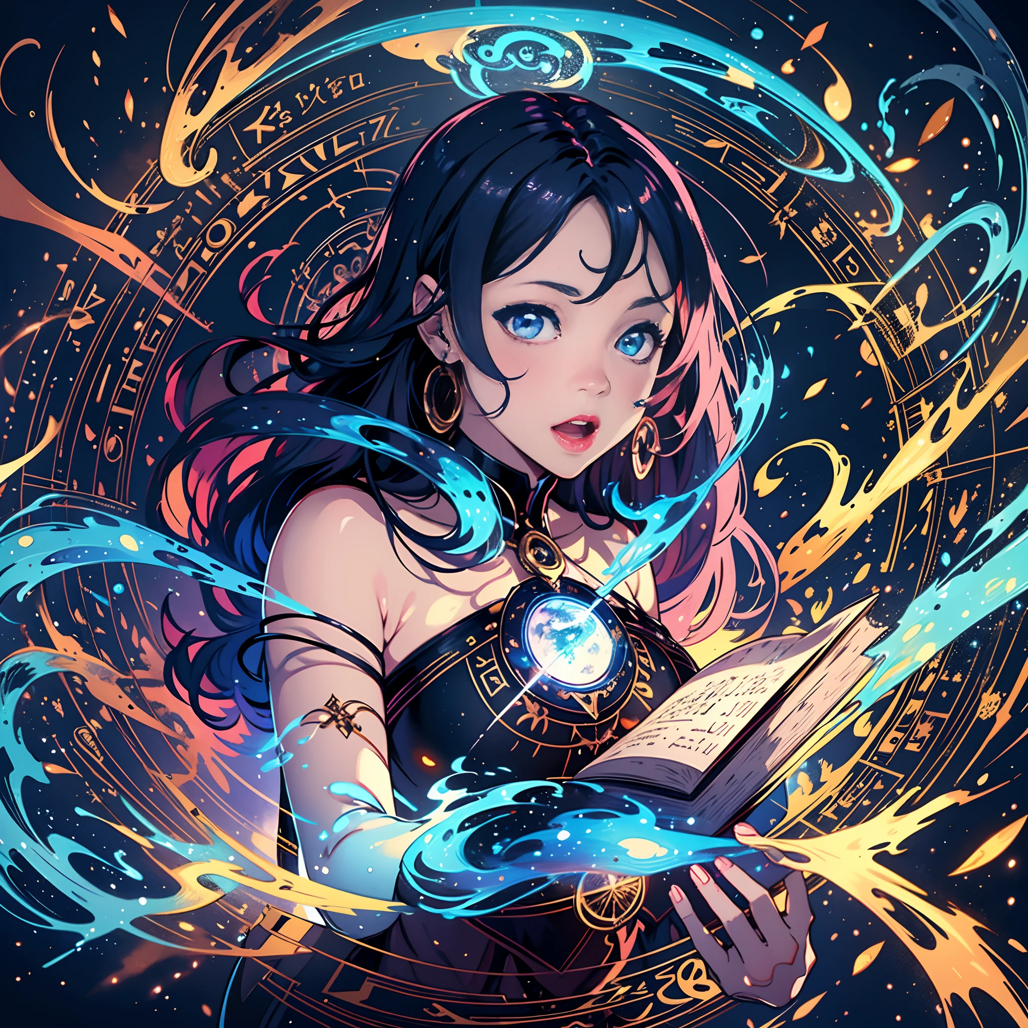 ((illustration)),colorful,wallpaper,energy,Unknown terror,arcane,Around the magic,magic surrounds,magic rod,book,pages flying all over the sky,Know it all,Predicting the Future,Know the past,Infinite wisdom,blue flame,Warlock,Magical Circle,Pentagram,incantation,mantra,Singing magic, bikini,