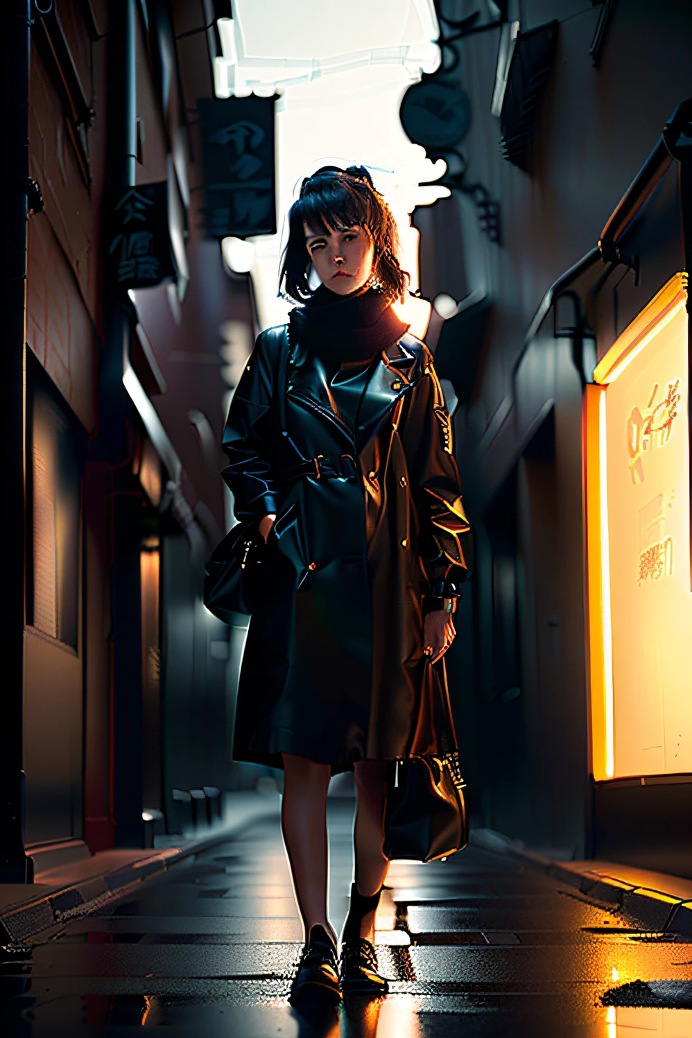 Arad woman in black coat and scarf standing in a dark alley, in neo tokyo, neo noir style, neo - noir style, Backlit girl in raincoat, styled like ghost in the shell, photograph of a techwear woman, cyberpunk streets in japan, she is wearing a wet coat, cinematic outfit photo, in a tokyo street
