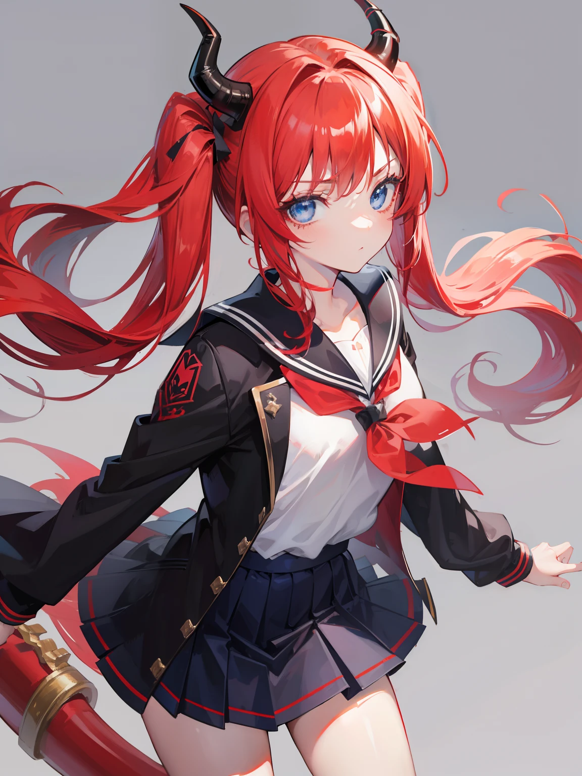 red hair, blue eyes, twintails, Sailor suit,black coat, Dragon horns,Pleated skirt,solo,li,cute,bow