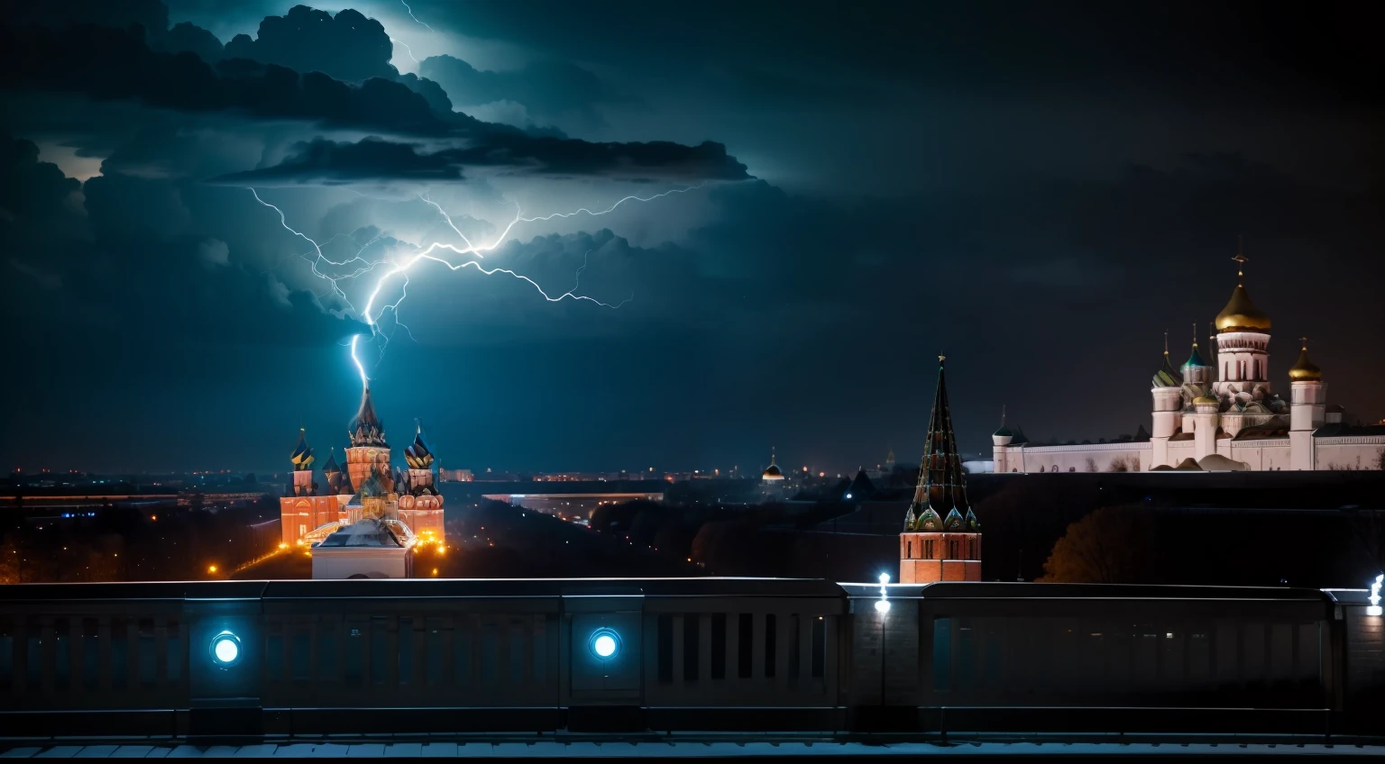 Futuristic robot storms the Kremlin,the night,Blue glow on the back