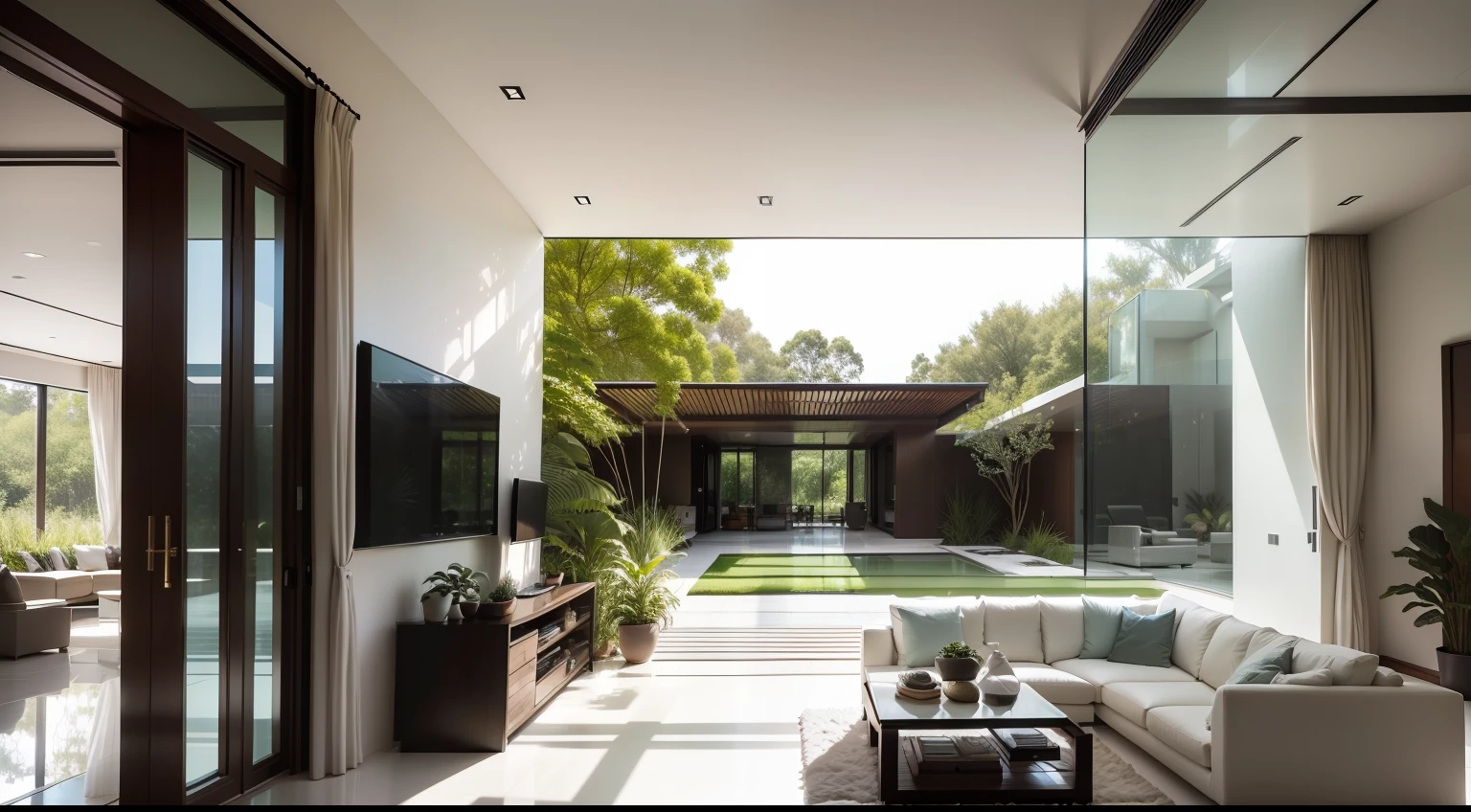 Portrays a contemporary white interior seamlessly merging with a lush backyard oasis. Highlight the expansive glass windows that invite the beauty of nature indoors, forming a harmonious connection between the interior and the outdoor landscape.