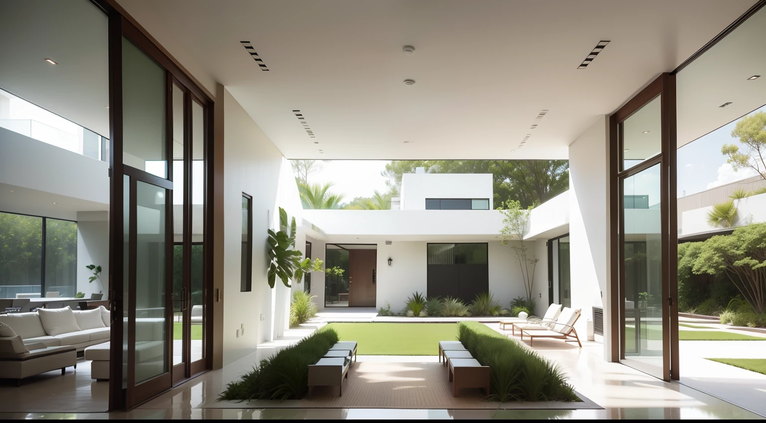 Portrays a contemporary white interior seamlessly merging with a lush backyard oasis. Highlight the expansive glass windows that invite the beauty of nature indoors, forming a harmonious connection between the interior and the outdoor landscape.