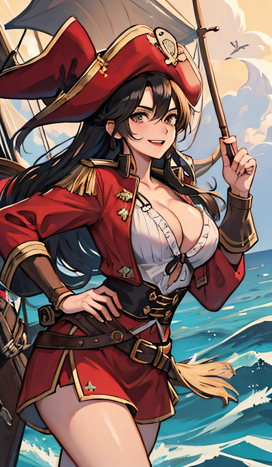 female pervert、huge tit、Black hair、The adventure drama portrait of the pirate captain is、Standing proudly on the deck of her ship、Behind her is the undulating sea and clear blue sky。She wears a gorgeous and colorful red costume.、Feathered hat、Swirling shirt、Has a red sash at the waist。The cutlass is hanging from the belt、A flintlock pistol is pushed into the waistband、Ready for action。Her face is weathered and rugged、A confident smile on his lips、Captures the bold and adventurous spirit of veteran pirates。In the background、An epic pirate ship with a full crew of battered sails and ragged buccaneers completes the scene、Evokes the excitement and danger of an adventure on the high seas。The overall mood is one of adventure and excitement.、Captures the thrill of life on the high seas as a notorious pirate。