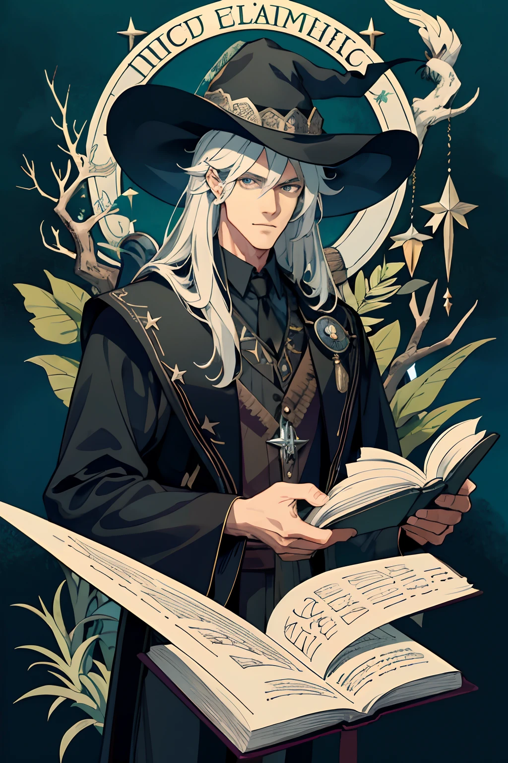 masterpiece, best quality, 1 male, adult, tall muscular, handsome, finely detailed eyes, intricate details, wizard, black hat with a pointed brim, broomstick with a carved handle, spellbook with a variety of spells, potion bottles with various ingredients, enchanted forest with a hidden wizard hut