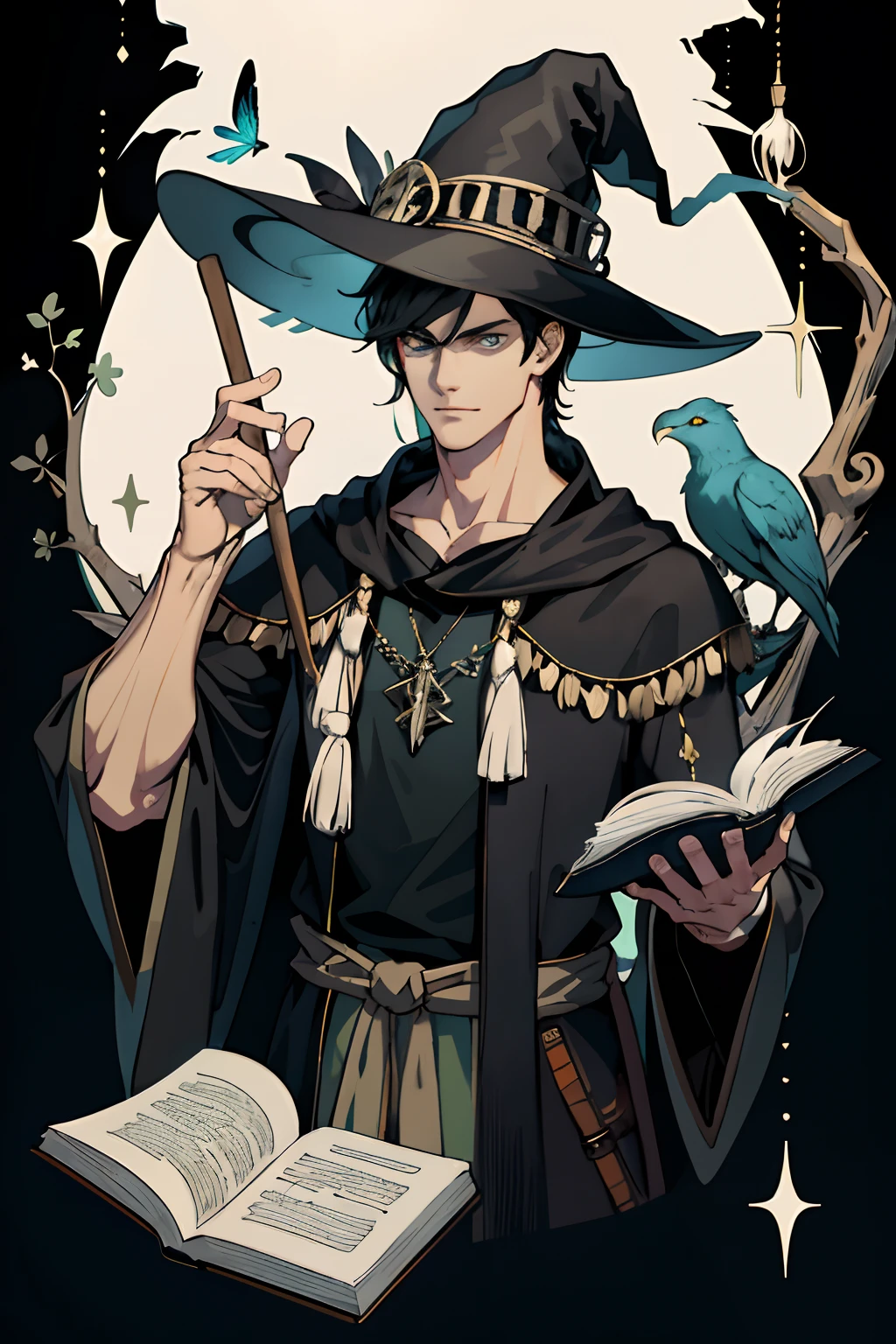masterpiece, best quality, 1 male, adult, tall muscular, handsome, finely detailed eyes, intricate details, wizard, black hat with a pointed brim, broomstick with a carved handle, spellbook with a variety of spells, potion bottles with various ingredients, enchanted forest with a hidden wizard hut
