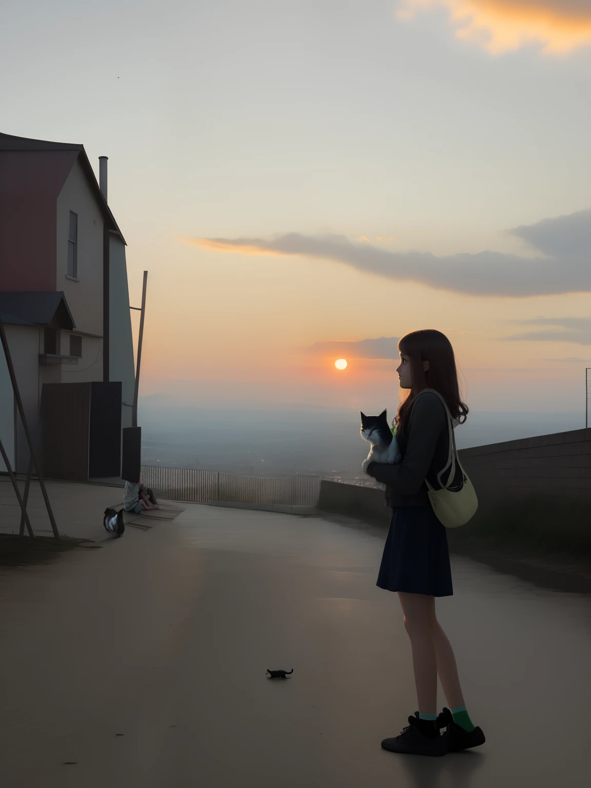 Beautiful girl holding cat sunset