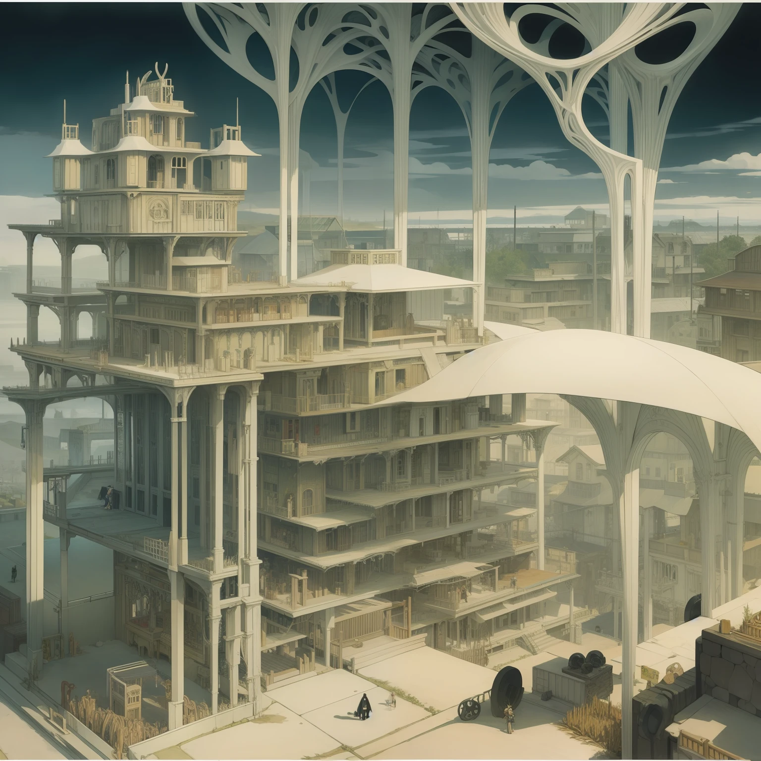 Kay Nielsen Anime A town where people live in meat made from pulp mines on the skeleton of a contraption Repair the body「Human body master」