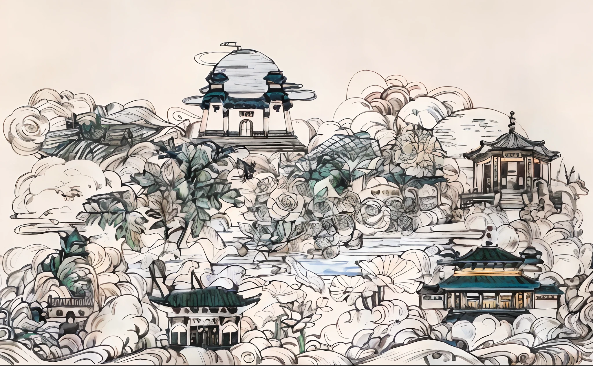 A white cloud of wormwood，waterface，lotuses，Lotus leaf，baiyun，Blue Mountains，Monthly flowers，Watercolor painting surrounded by ancient buildings of wormwood, detailed line art, Line - Art, highly detailed linework, line art illustration, coloring book page, clean coloring book page, beautiful line art, dreamy Chinese towns, Line art, full page illustration, anime city lineart, lineart behance hd, intricate detailed illustration, hyper detailed line art