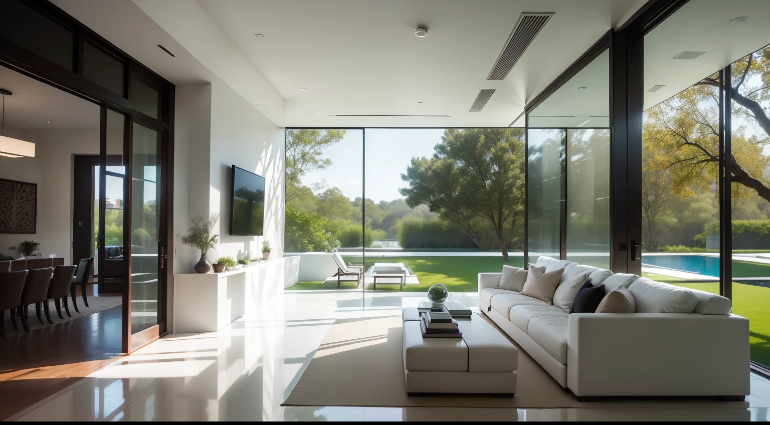 Portrays a contemporary white interior seamlessly merging with a lush backyard oasis. Highlight the expansive glass windows that invite the beauty of nature indoors, forming a harmonious connection between the interior and the outdoor landscape.