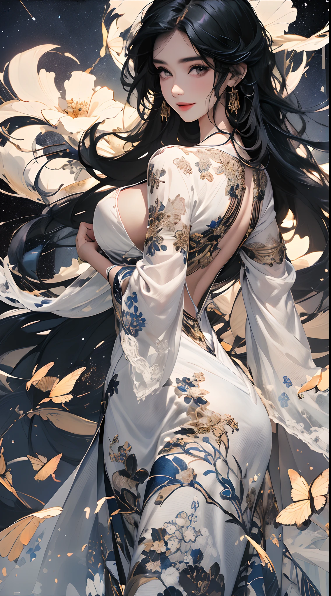 ((top-quality,photorealestic,Realistic 8K, tmasterpiece: 1.3)), ((Full body like)),Telescopic shot: 1.4,Delicate, (( perfect bodies)),((Bigchest)),((The background is under the stars)),White lace dress: 1.1, Highly Detailed Face and Skin Textur,,1girll, Whitens the skin, ((cabelos preto e longos:1:1)), Smile back,
