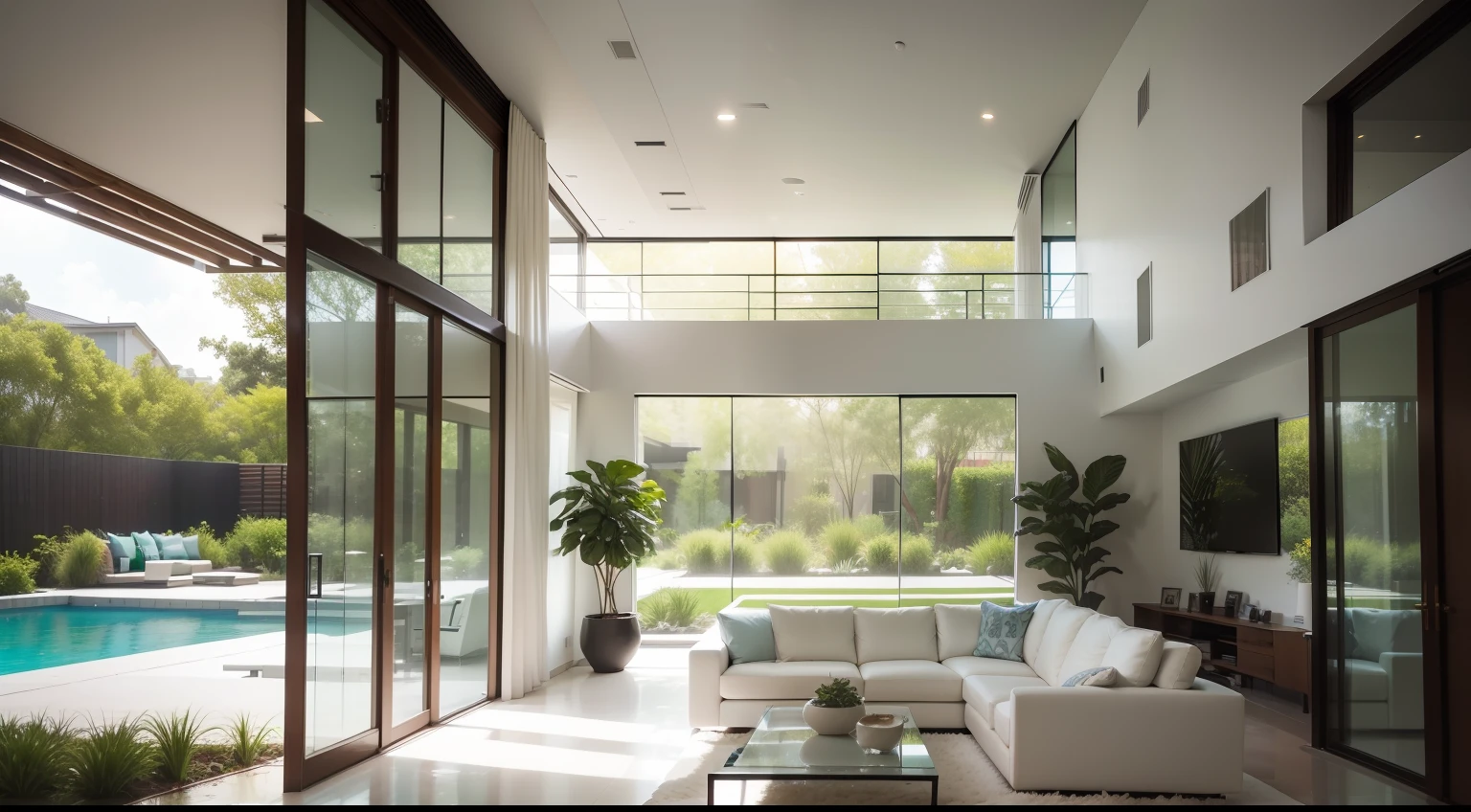 Portrays a contemporary white interior seamlessly merging with a lush backyard oasis. Highlight the expansive glass windows that invite the beauty of nature indoors, forming a harmonious connection between the interior and the outdoor landscape.