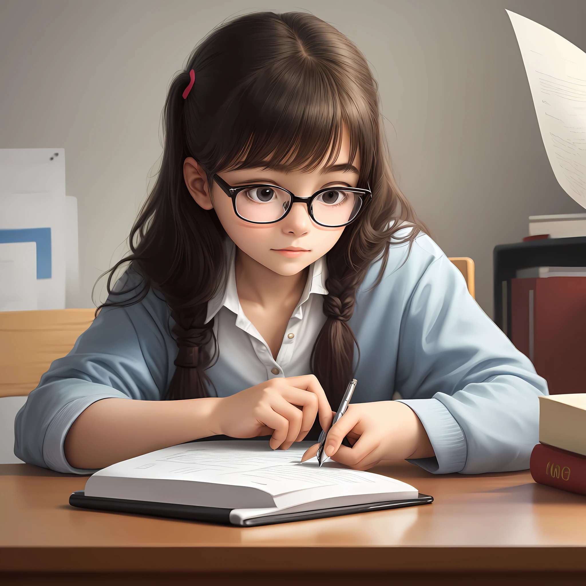 A young girl with glasses studying at her desk