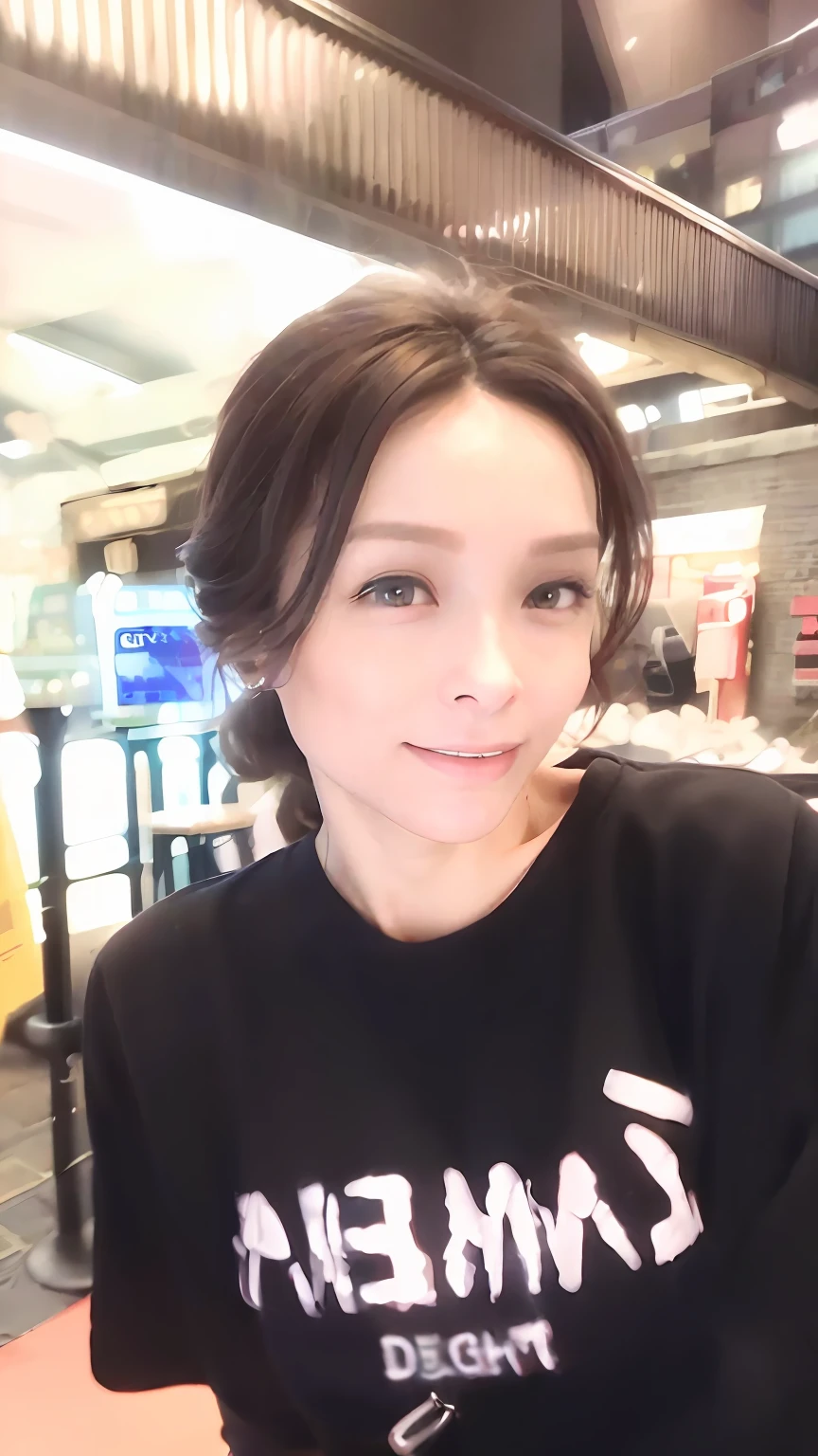 According to the picture above,Make the same as the face((midynight, Need, 8k, tmasterpiece:1.3)), full bodyesbian, Long legs, Focalors:1.2, perfect figure beautiful woman:1.4, Slim abs:1.1, ((Dark brown hair, huge tit:1.2 )), (white tight t-shirt, Denim suspenders, standing on your feet:1.2), ((city night scene, the roof:1.3)), Highly detailed facial and skin texture, A detailed eye, 二重まぶた