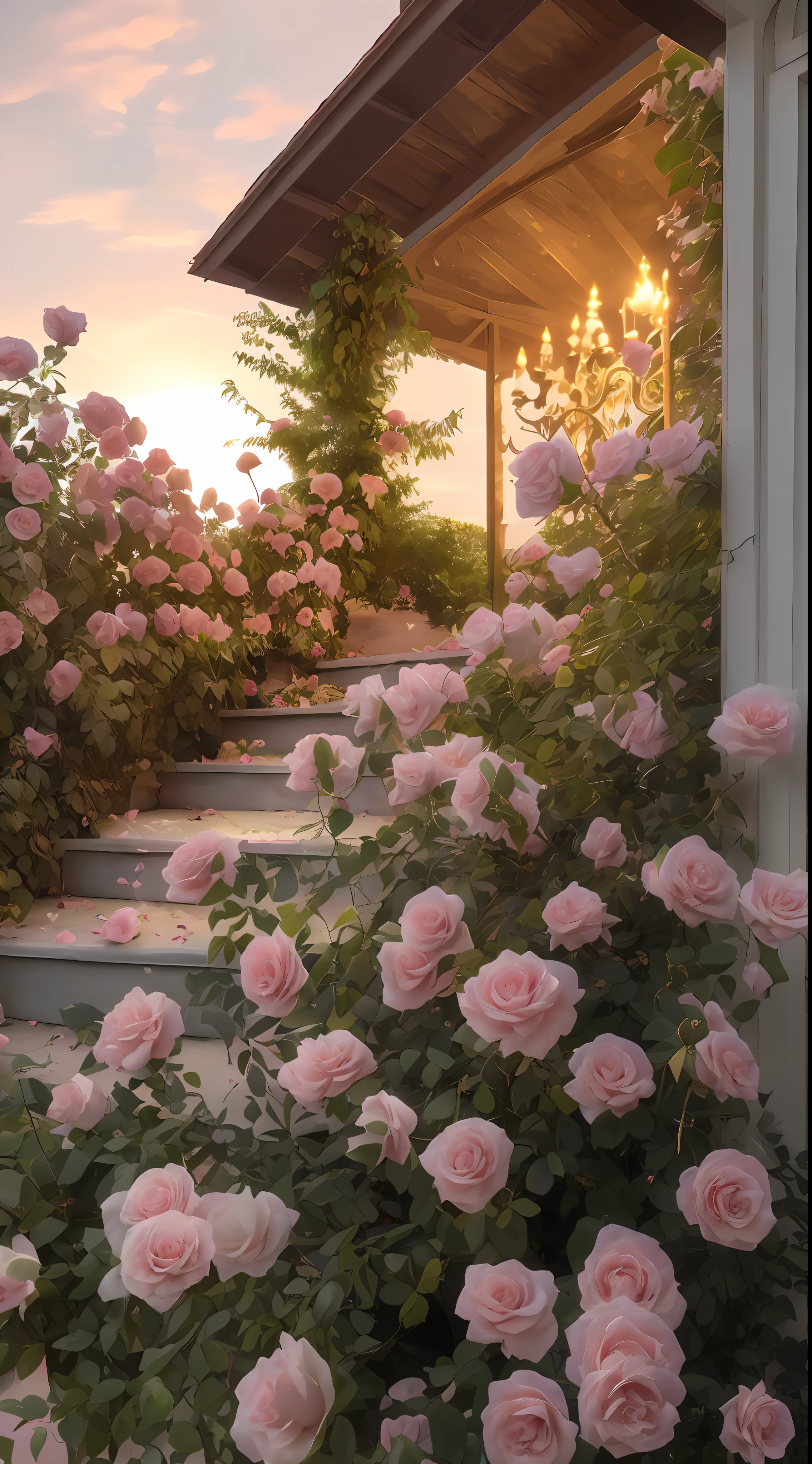 A bush of pink roses outside the house, beautiful and aesthetic, soft pink, beautiful aesthetic, roses in movie lights, lush flowers outdoors, nature and floral aesthetics, rose garden, roses, portal made of roses, beautiful images, roses, fantastic aesthetics, in a cottage core garden, pink golden hour, (masterpiece:1.6, best quality), (fine detailed beautiful eyes: 1.2), (extremely detailed CG unity 8k wallpaper, masterpiece , super detailed, best shadows), (detailed background), high contrast, (best lighting, extremely delicate and beautiful), ((color paint splatter on transparent background, Dulux,)), ((caustics) ), dynamic angles, beautiful detail glow,