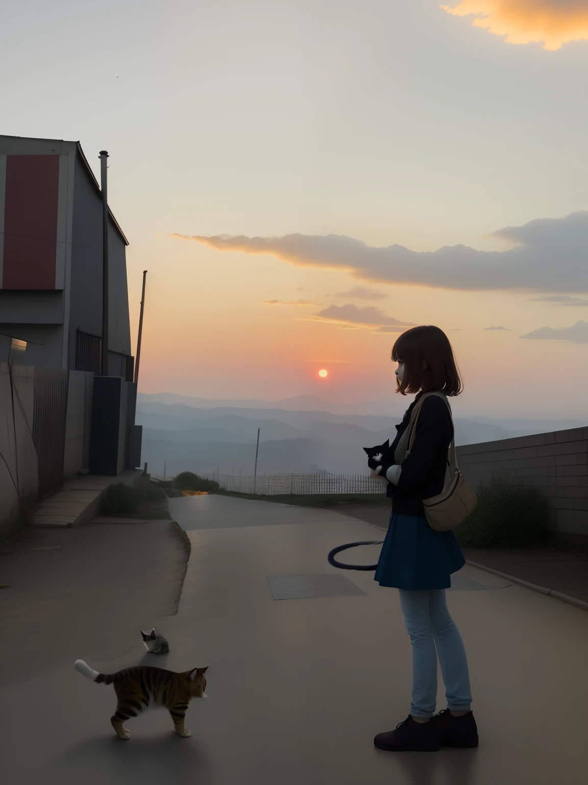 Beautiful girl holding cat sunset