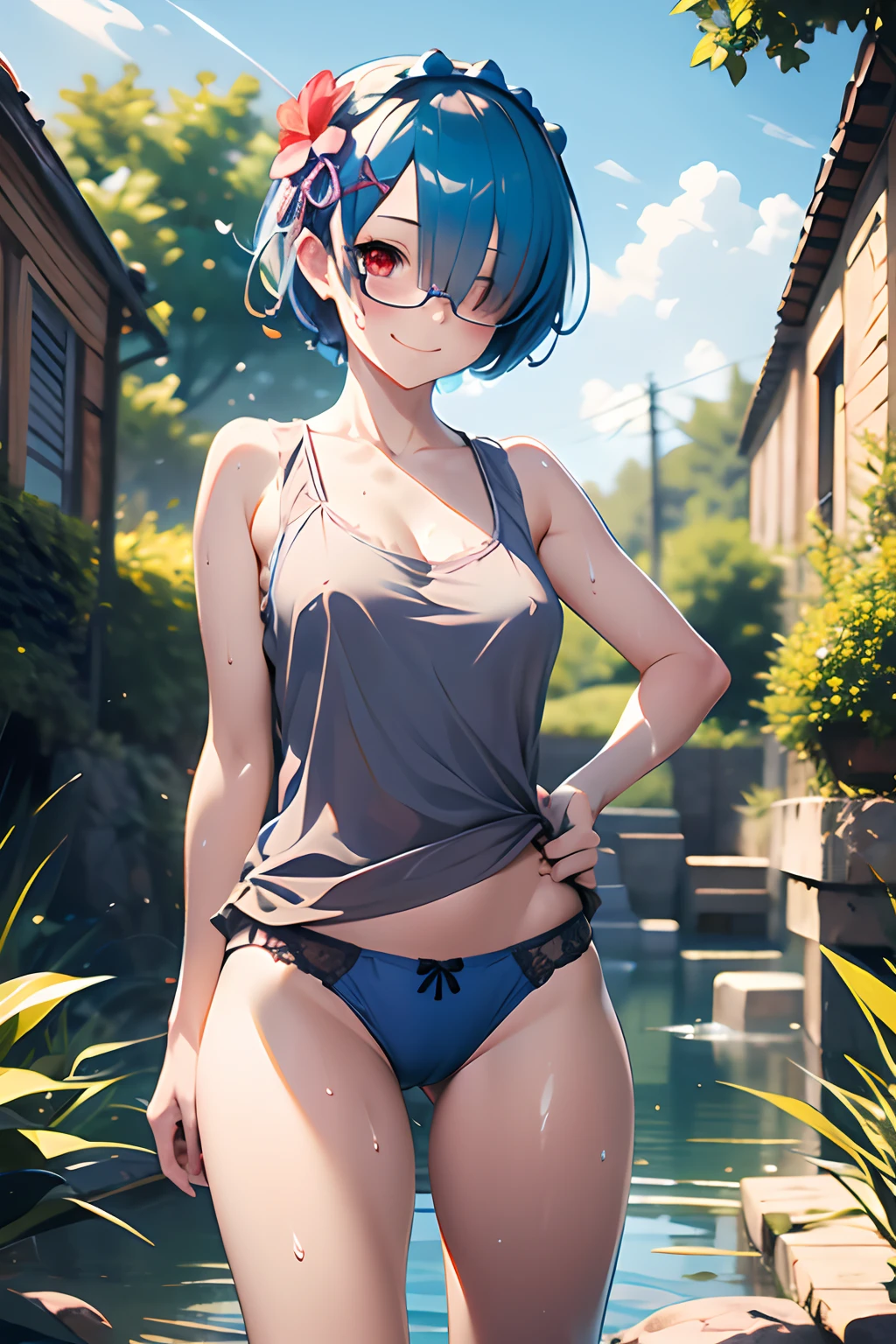 masterpiece, best quality, highres, ram1, 1girl, solo, rem \(re:zero\), blue hair, short hair, red eyes, round glasses, hair over one eye, ribbon trim, hair ribbon, x hair ornament, frills, loose tank top, see trough, nipples, wet tank top, blue panties, wet panties, cameltoe, medium breasts, cleavage, sweating, hair flower, outdoor s, standing, smile, perfect background, perfect light