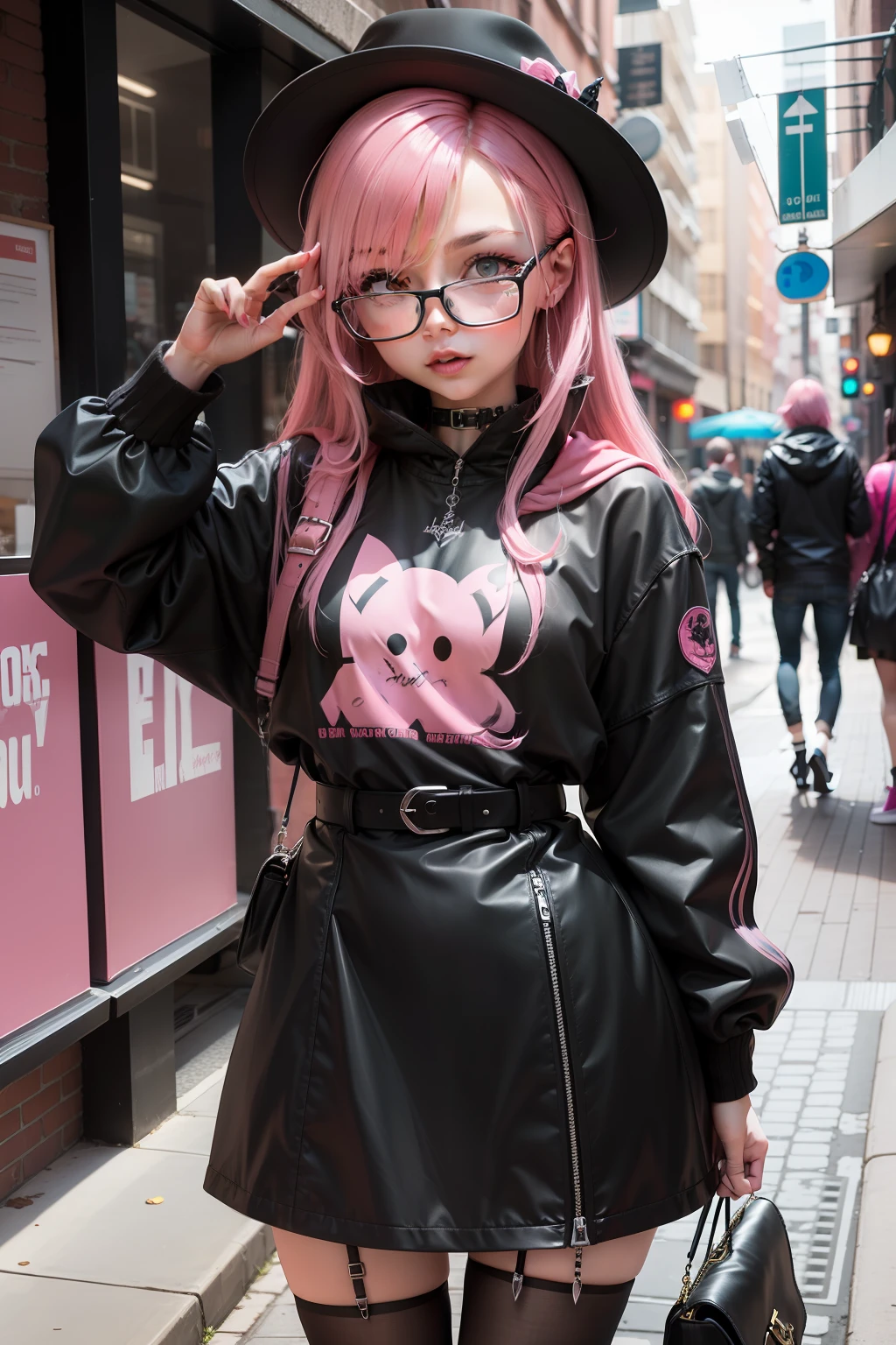 Pink-haired girl,silly,highr,black-frame glasses,goth clothes