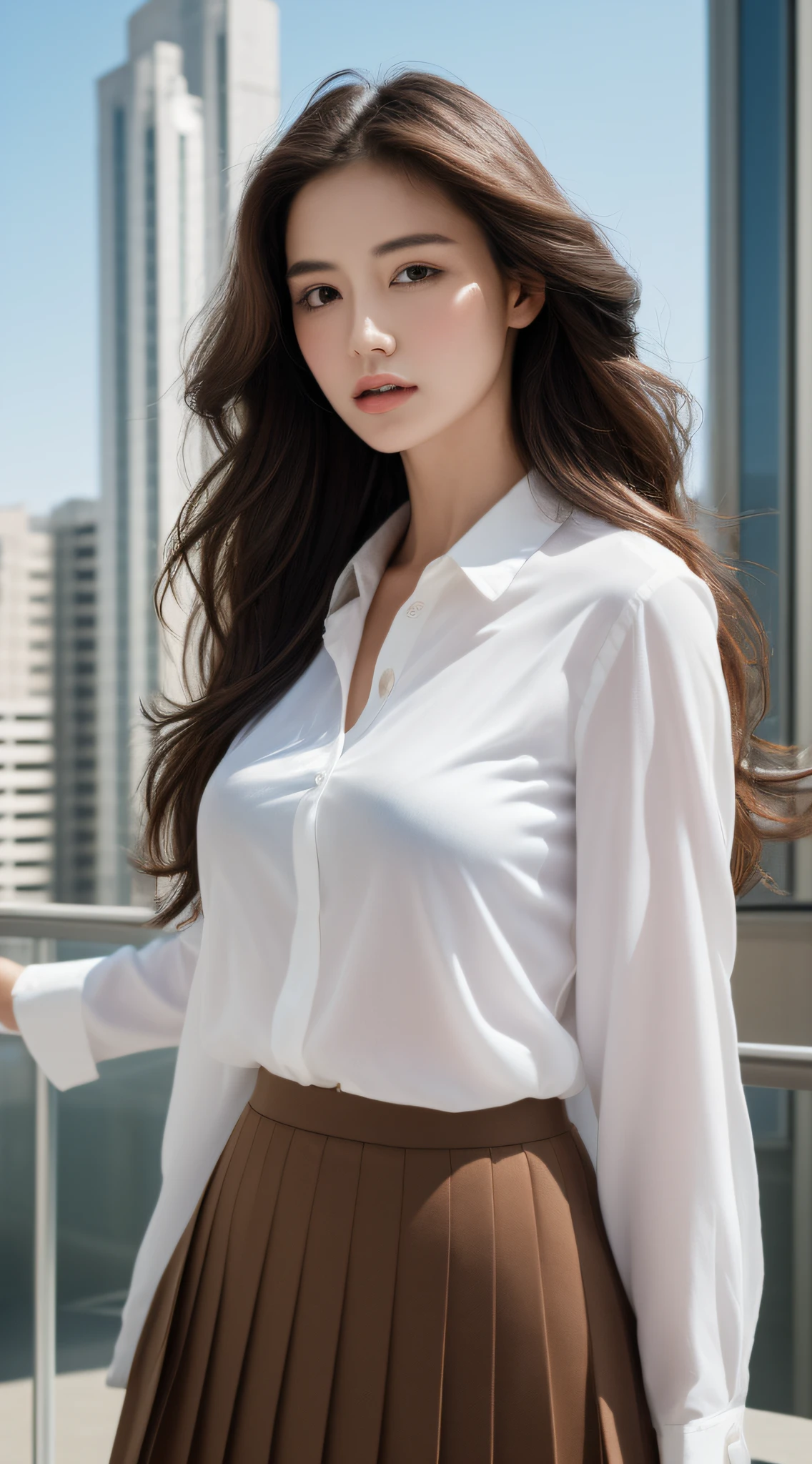 (Best quality, High resolution, Masterpiece :1.3), A tall and pretty woman, Slender abs, Dark brown hair styled in loose waves, Breasts, White button up shirt, Black pleated skirt, (Modern architecture in background), Details exquisitely rendered in the face and skin texture, Detailed eyes, Double eyelid