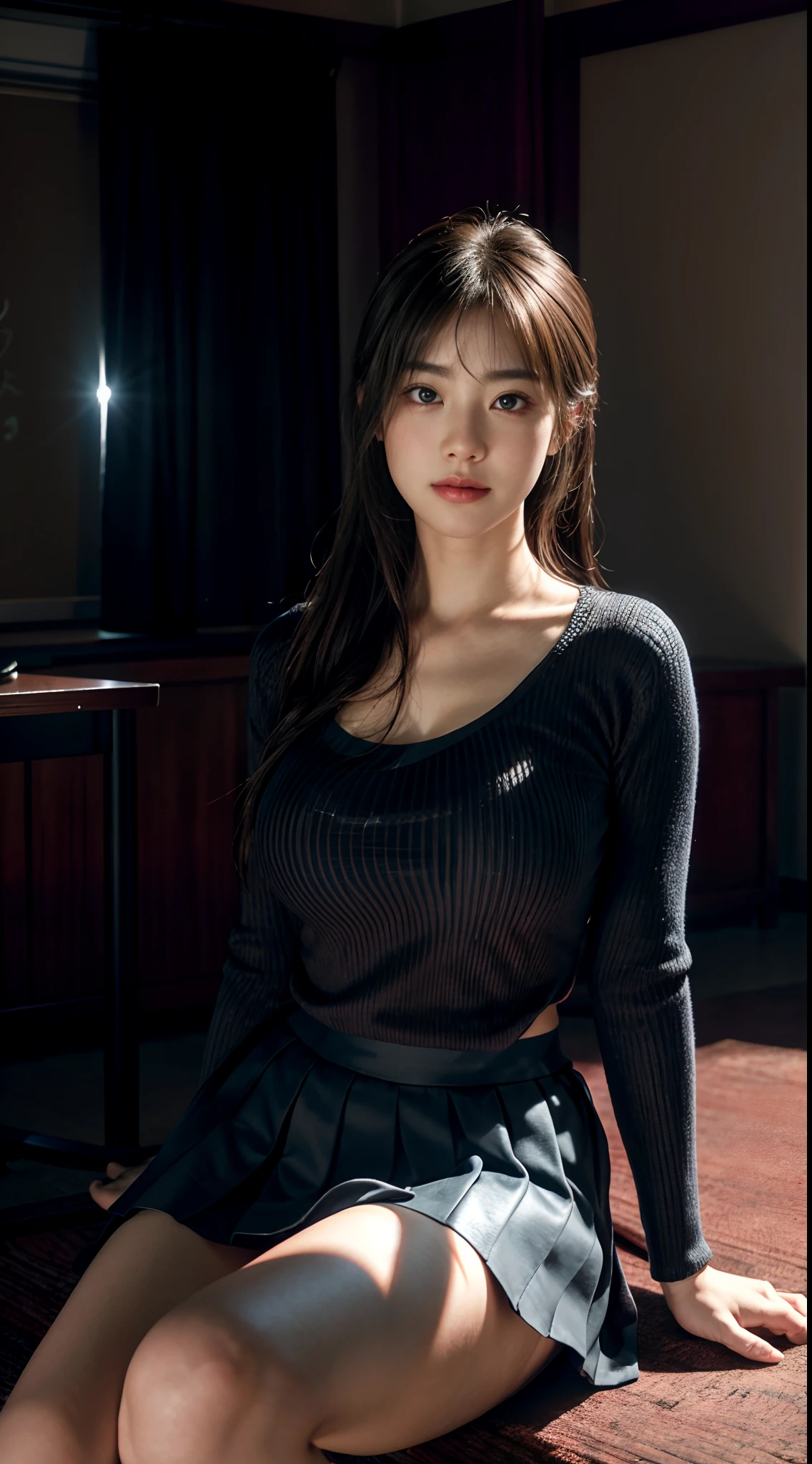 ultra-realistic 8k 、Picture-perfect face、Flawless、Clean、tmasterpiece、Professional artwork、famousartwork、face perfect、beautiful countenance、beautidful eyes、((Perfect female body))、独奏、(Immersive atmosphere、Chiaroscuro:1.5、brightened light:1.2、luminouslighting)
、、(Red blush:0.5)、Seductive look、Very detailed_Eyes、thick thight、Large full breasts、
beautifullydetailedbackground、depth of fields、hentail realism:1.3、shot from afar、1girl in、The shirt、pleatedskirt、校服、Sit on the、full body Esbian、
(ambient lights:1.3)、(cinematic compositions:1.3)、(Neon light:0.1)、(NFFSW:0.1)、emphasis lighting、Raw feet、schools、Classroom